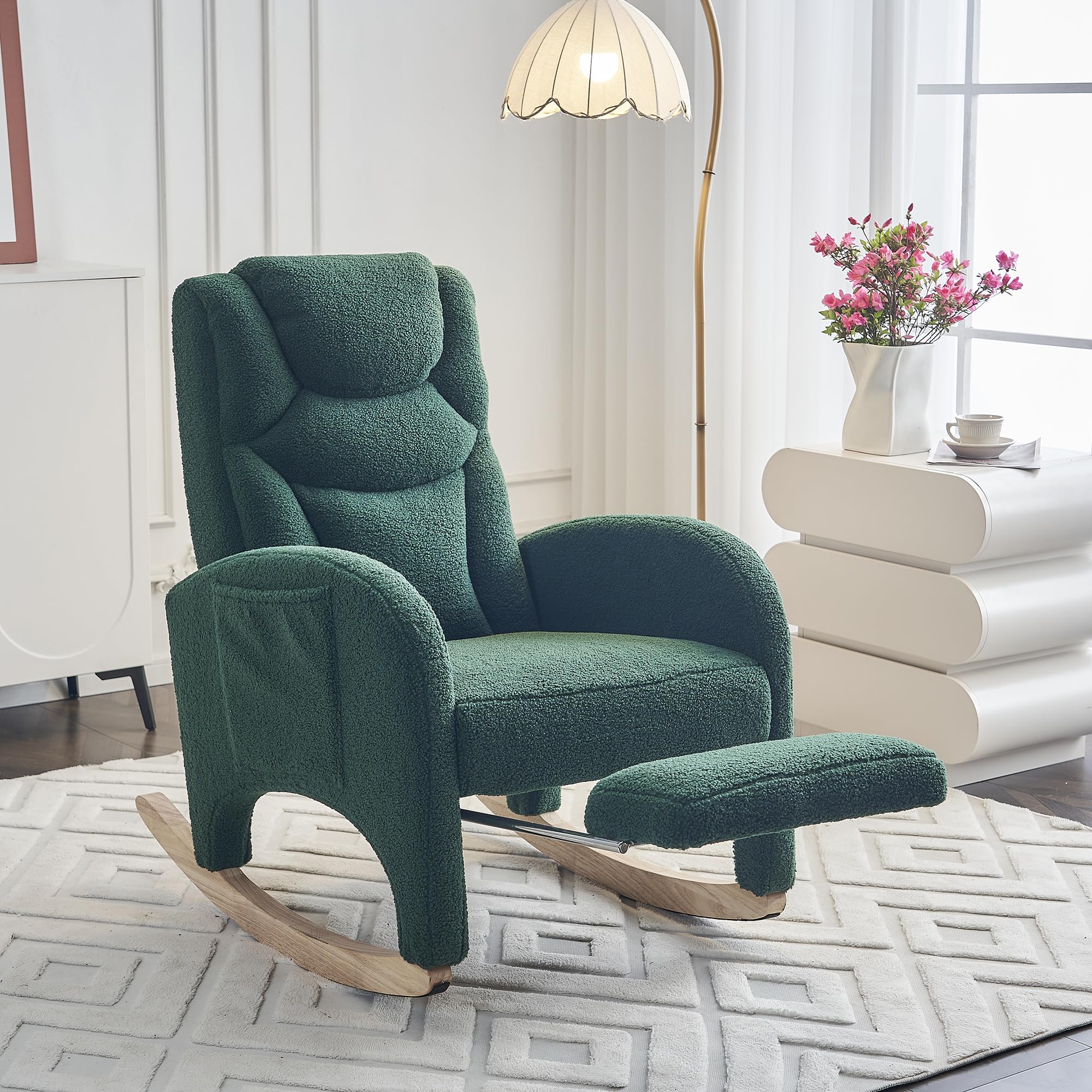 Hommoo Modern Teddy Fabric Rocking Chair with Adjustable Footrest - High Back Nursery Glider Rocker for Mom and Baby, Green Upholstered Accent Chair - Perfect for Nursery, Living Room & Bedroom Relaxation