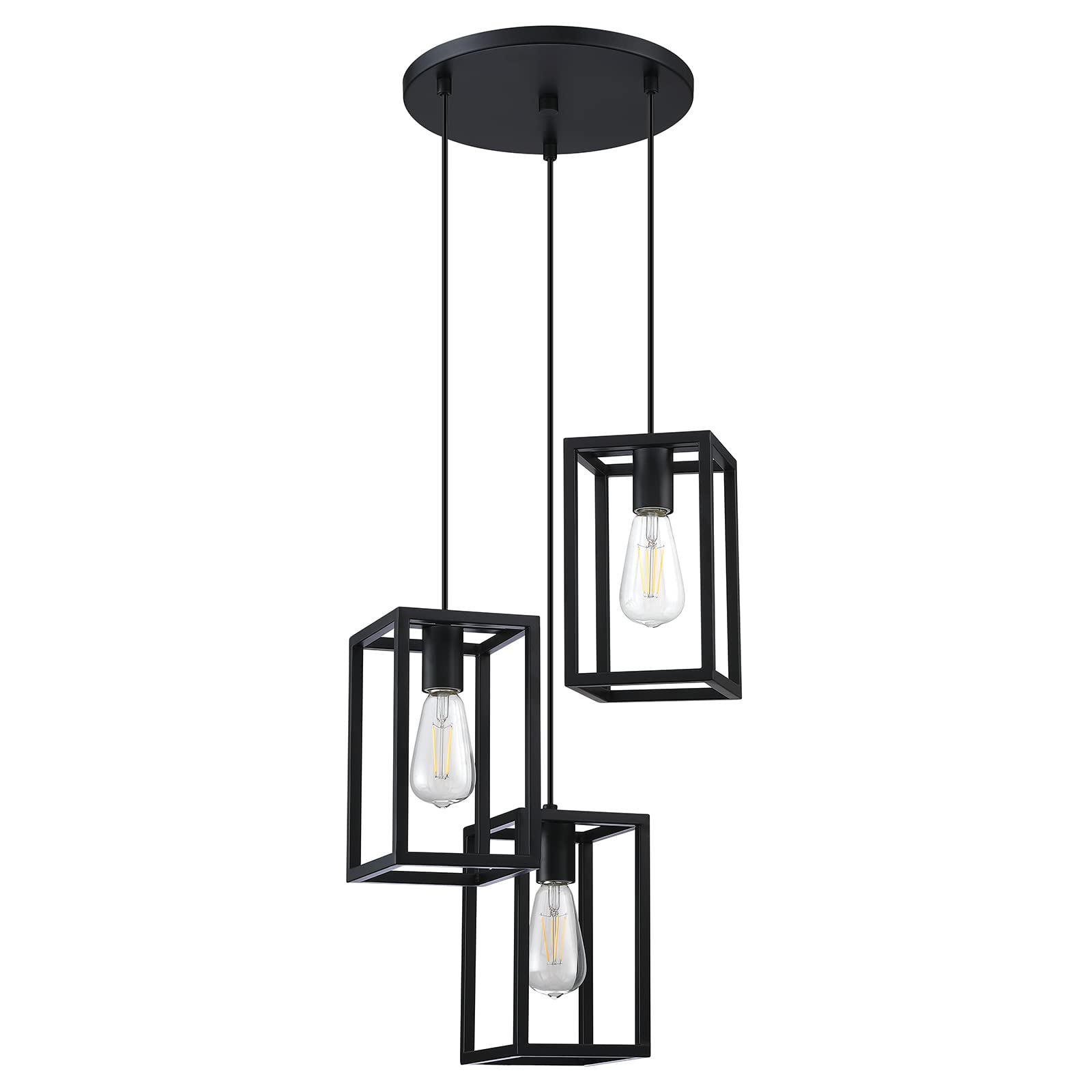 3-Light Adjustable Rustic Farmhouse Pendant Light with Metal Cage - Black Ceiling Lighting Fixture for Kitchen Island, Cafe & Bar - Perfect for Dining Areas, Breakfast Nooks & Commercial Spaces