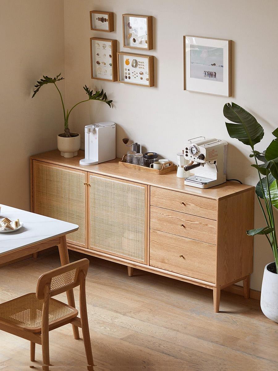 Oak Solid Wood Rattan Modern Sideboard Buffet Cabinet - Stylish Storage for Dining Room, Living Room & Entryway