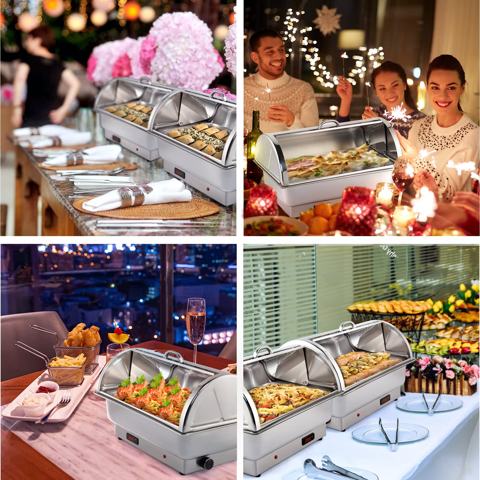 ROVSUN 2 Pack 9 QT Electric Buffet Chafing Dishes Set - NSF Certified Stainless Steel Roll Top Catering Food Warmer with Lid - Includes 2 Detachable Pans for Party, Wedding, Banquet & Catering Events - Perfect for Buffet Serving, Catering Business, and Home Entertaining