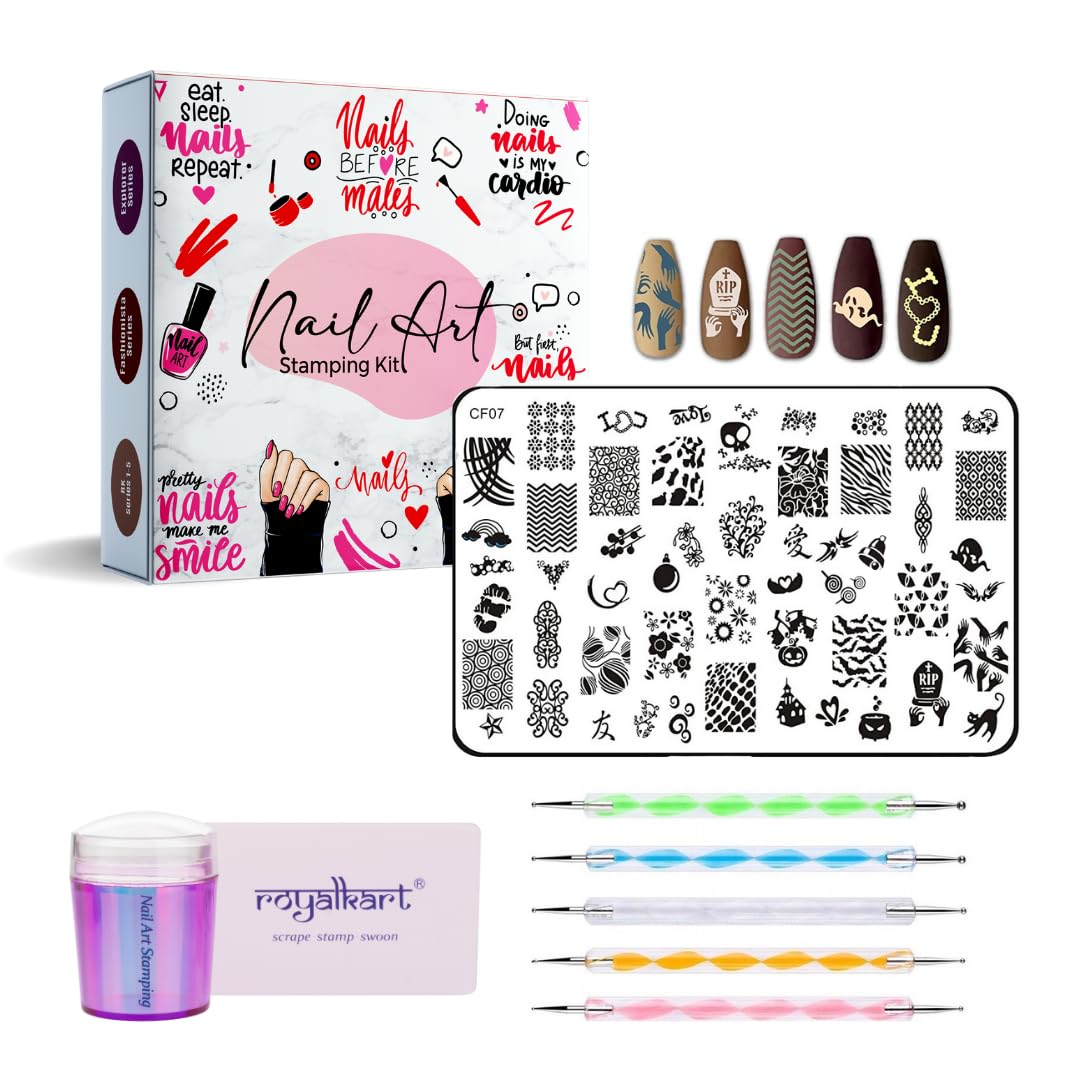 RoyalKart Professional Nail Art Kit - 10-Piece Nail Stamping Plates with Silicone Stamper, Dotting Tools & Scraper for DIY Salon-Quality Nail Designs (Pattern CF07) | Perfect for Home Manicures, Nail Salons & Gift Giving