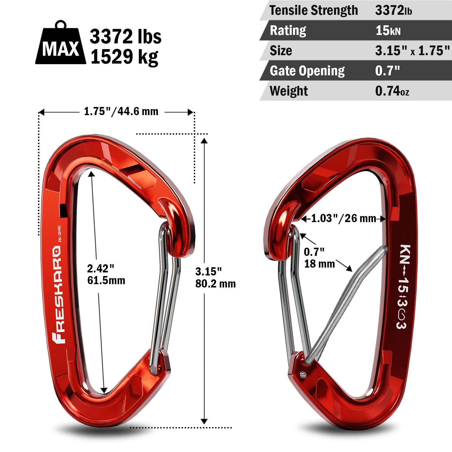 FresKaro 15kN-3372lbs Heavy Duty Wiregate Carabiners - Durable Stainless Steel Spring Gate for Camping, Hiking, Hammocks, Backpacking & Dog Leash - 3.15 Inch - Perfect for Outdoor Adventures, Rock Climbing & Gear Organization