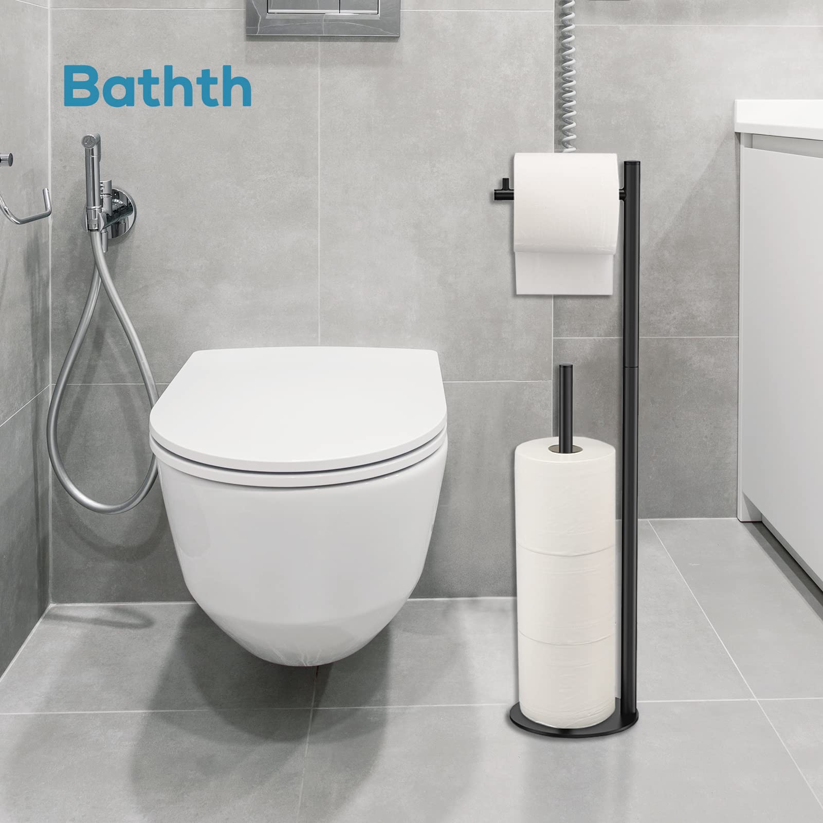Free Standing Toilet Paper Holder Stand with Storage - Black Bathroom Tissue Dispenser | Space-Saving Design for Small Bathrooms, Powder Rooms & RVs