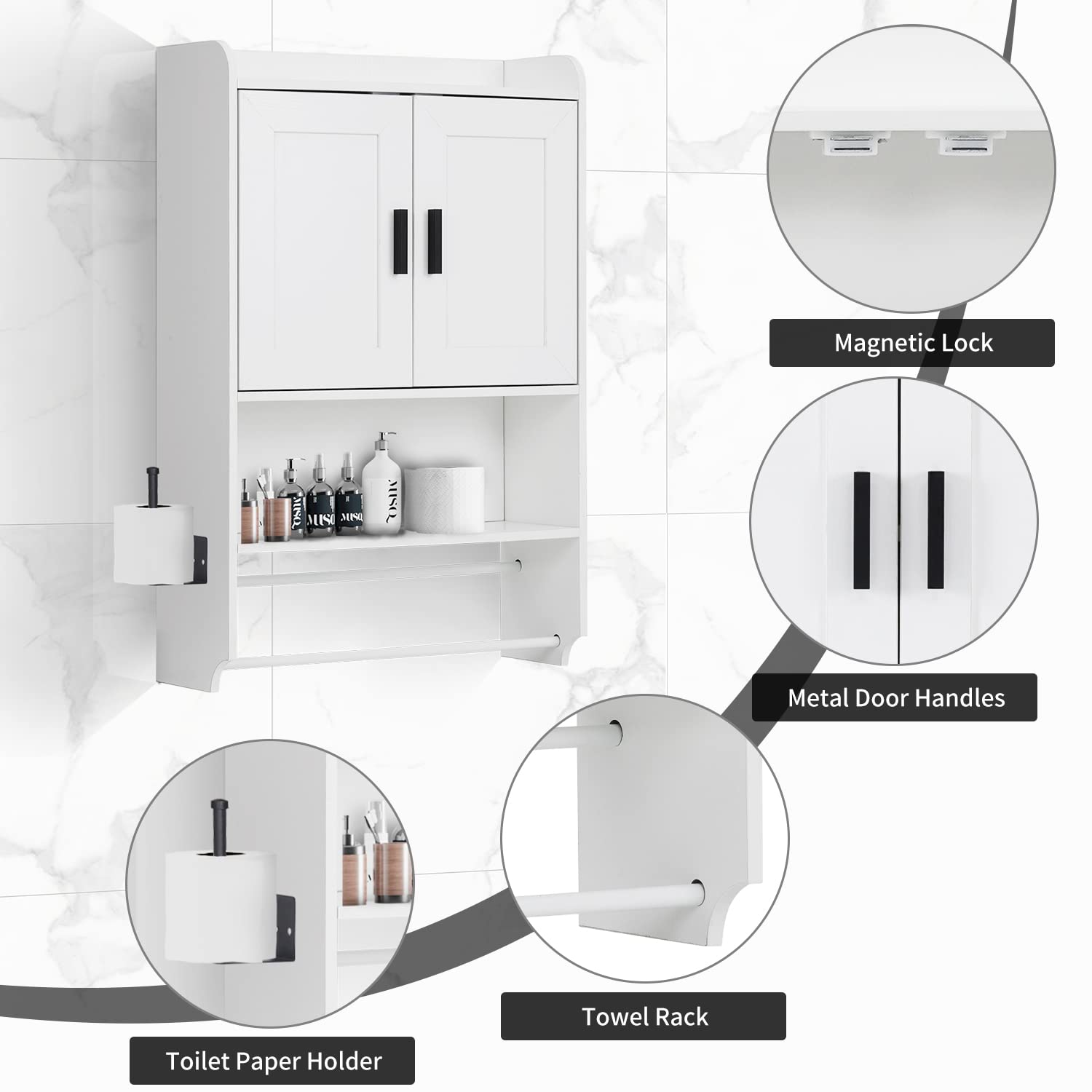 Wooden Over The Toilet Bathroom Wall Cabinet with Adjustable Shelves & Towel Bar - Wall Mounted Medicine Storage Cabinet for Bathroom Organization - Perfect for Small Bathrooms, Apartments & Powder Rooms