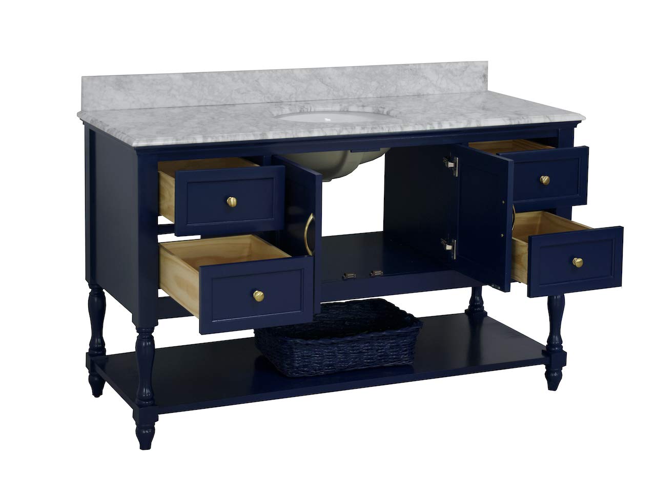 Beverly 60-inch Single Bathroom Vanity with Carrara Marble Top & Royal Blue Cabinet - White Ceramic Sink Included | Modern Bathroom Furniture for Master Bath, Guest Bath & Powder Room | Durable Italian Marble Countertop & Spacious Storage