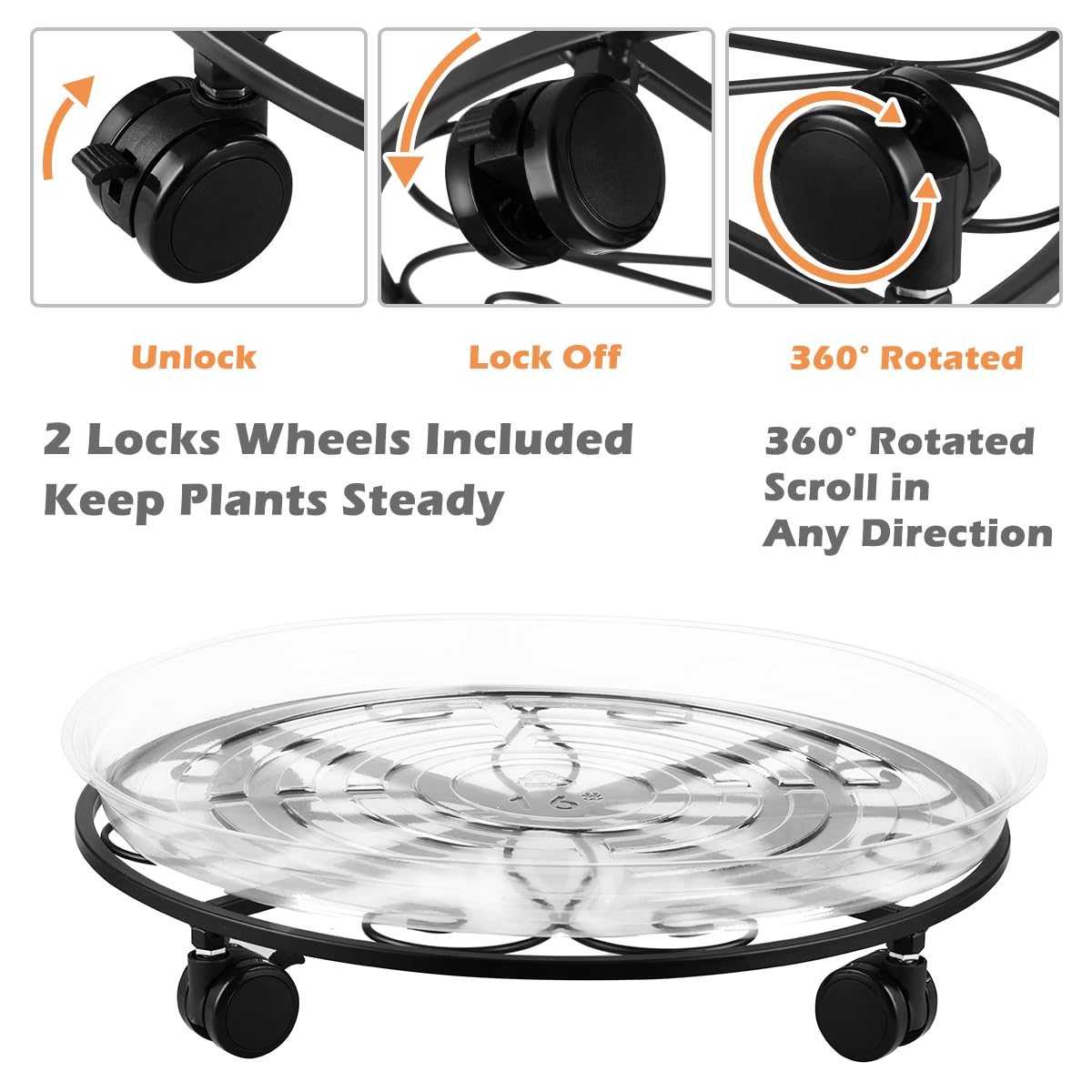 Heavy Duty 13.5 Inch Metal Plant Stand with Wheels - 5 Pack Plant Saucers Included - Black Rolling Plant Holder for Indoor Outdoor Garden Decor, Patio, Balcony & Home Decor