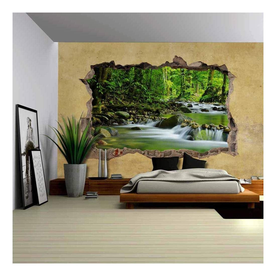 Wall26 - Cascading Spring in Tropical Rainforest Through Broken Wall - Large Removable Peel & Stick Wall Mural - 100x144 inches - Perfect for Living Room, Bedroom, or Office Decor