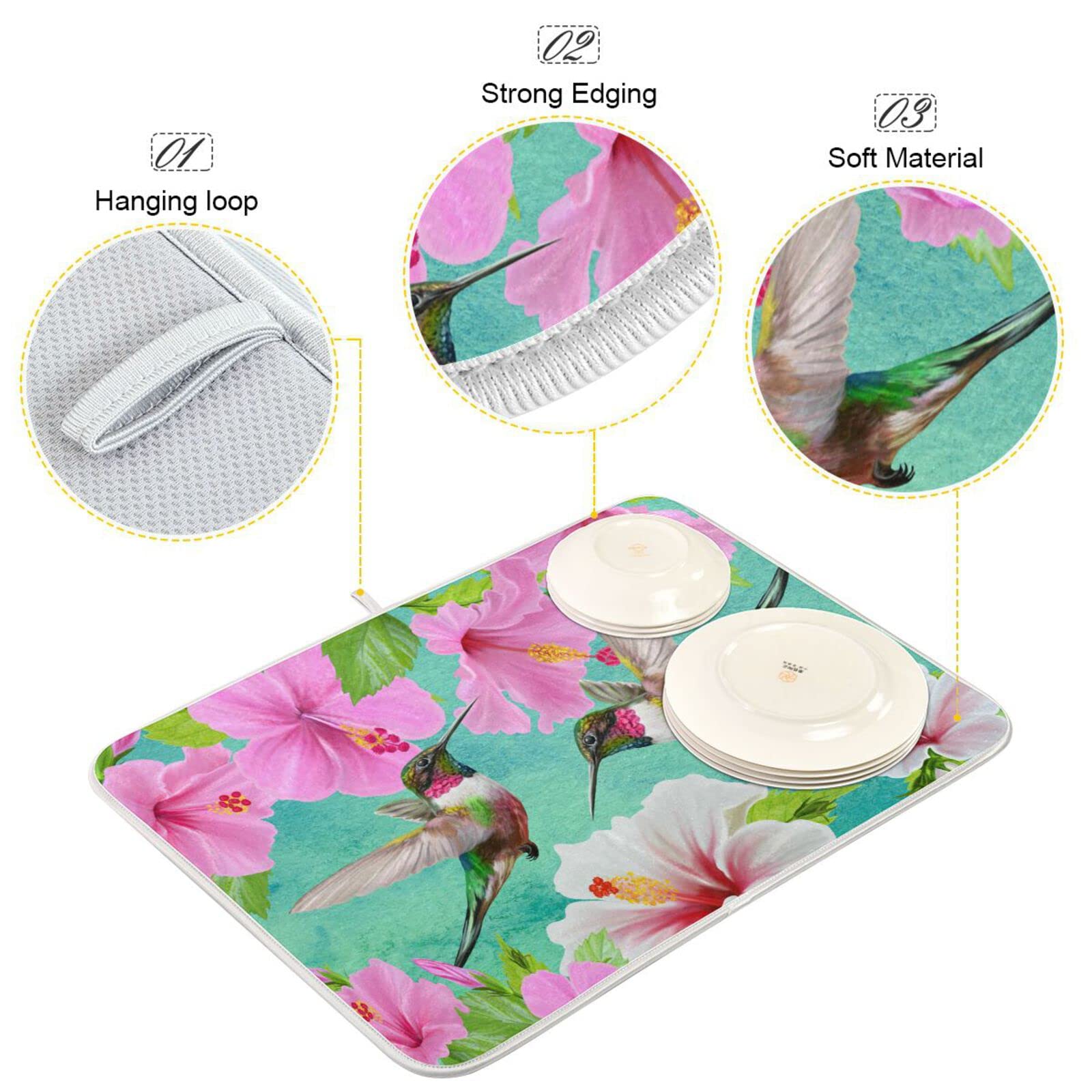 Hummingbird Dish Drying Mat - Ultra Absorbent Kitchen Counter Mat (18x24in) for Fast Drying Dishes