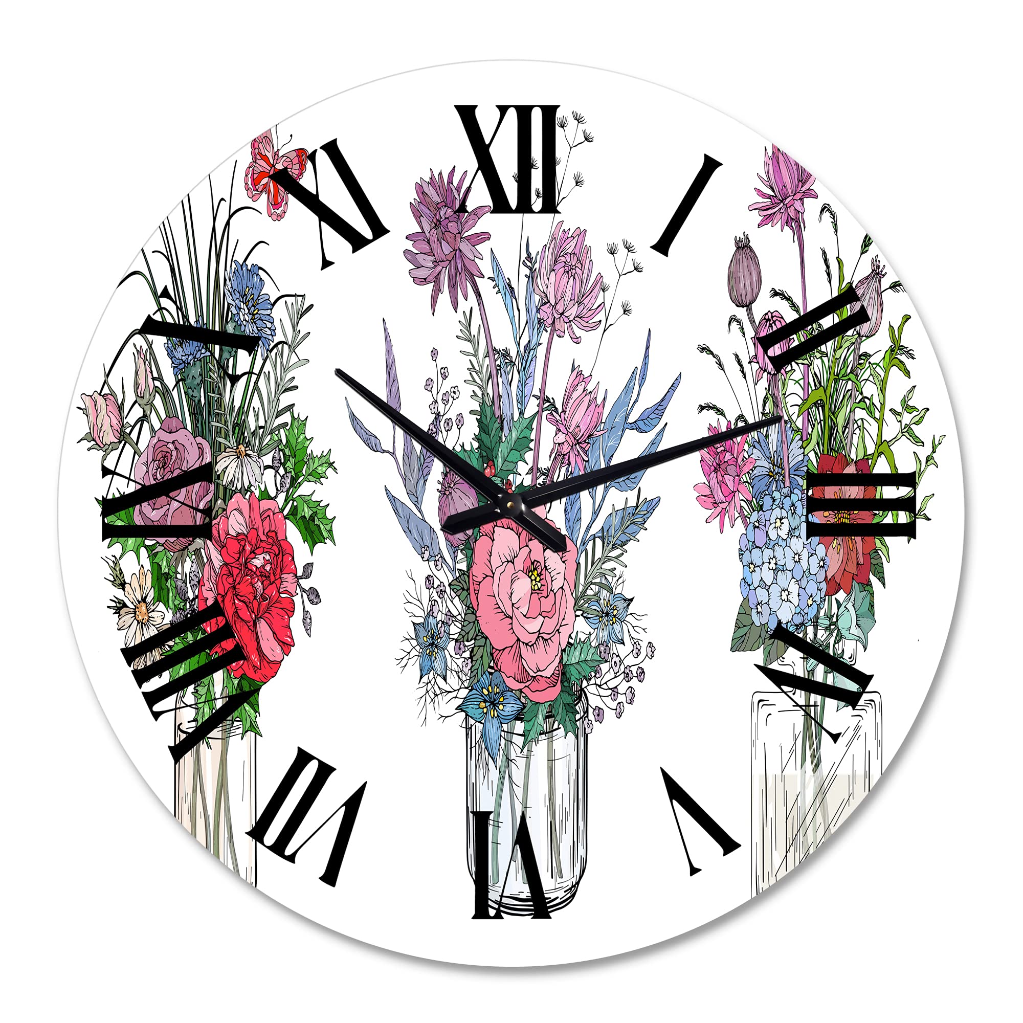 DesignQ Farmhouse Wall Clock - Large Floral & Botanical Wall Decor with Bouquets of Wildflowers in Transparent Vases - Perfect for Kitchen, Living Room, Bedroom & Office Decoration