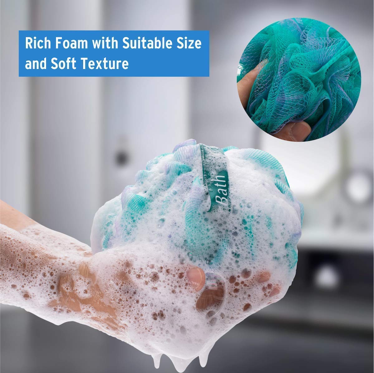 AmazerBath 4-Pack Waterproof Shower Caps for Women & Men - Soft Elastic Bath Caps with 60g/PCS Exfoliating Loofah Sponges for Body Wash - Perfect for Travel, Gym & Daily Bathroom Use