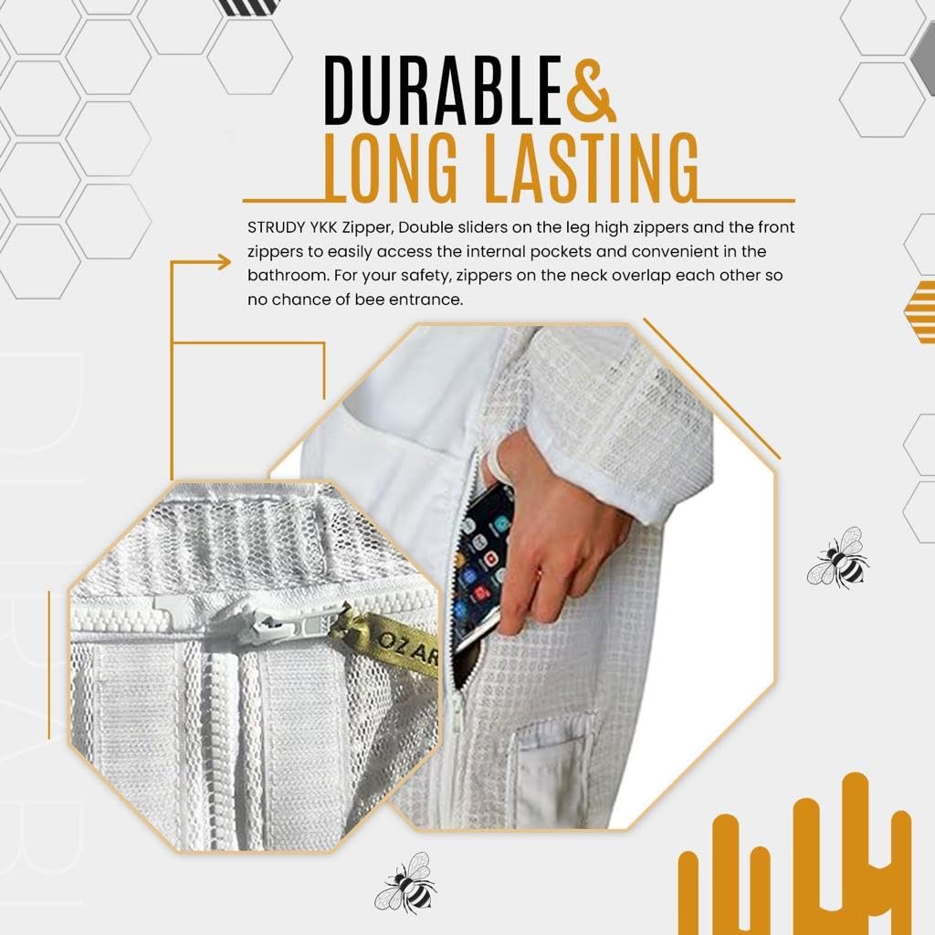 3-Layer Mesh Ventilated Beekeeping Suit with Fencing Hood & Round Brim Hat - Medium Size Beekeeper Protective Gear for Safe Honey Harvesting and Hive Inspection