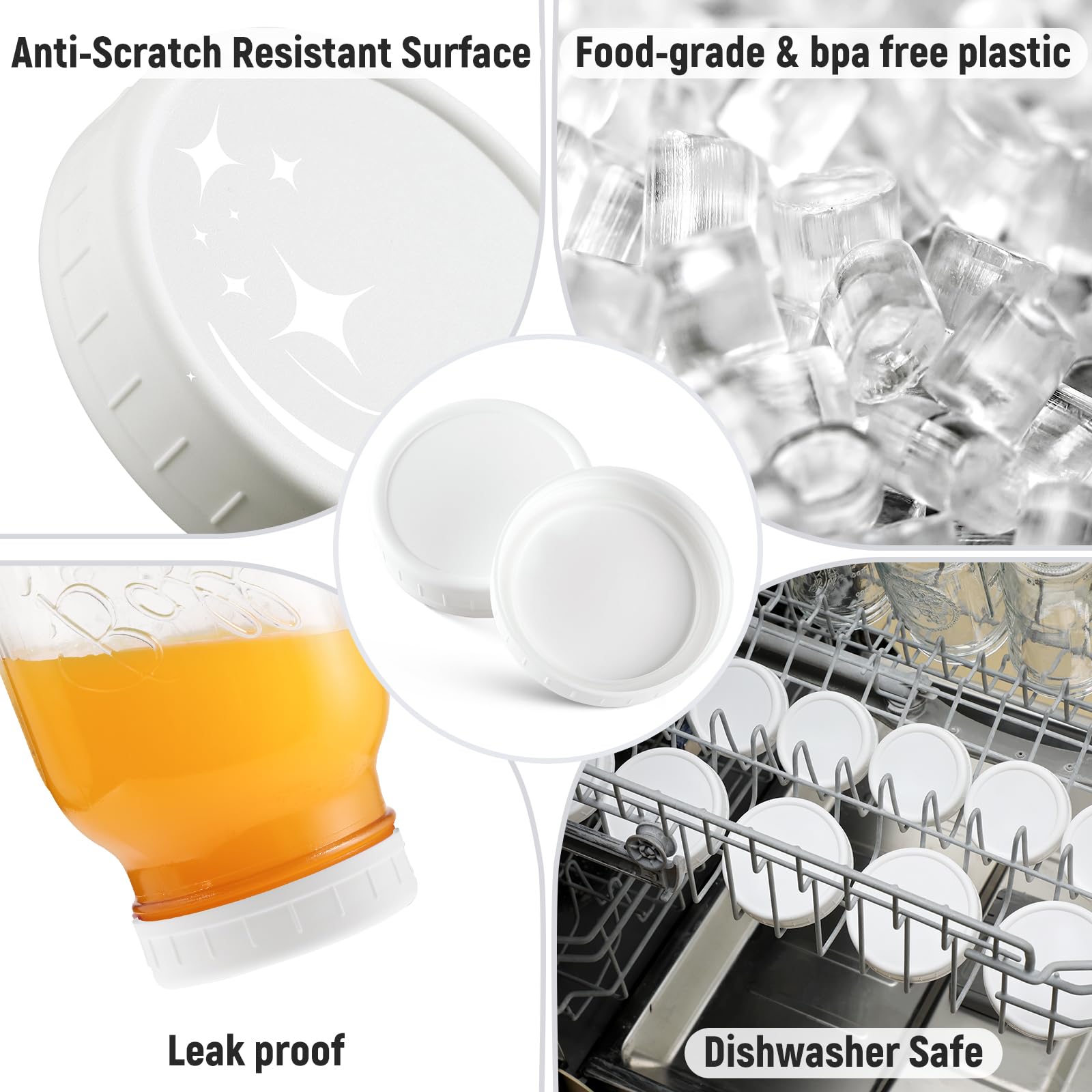 AOZITA 16-Pack Wide Mouth Mason Jar Lids - White Plastic Storage Caps for Ball, Kerr Canning Jars - Leak Proof, Dishwasher Safe & Food Grade - Perfect for Meal Prep, Pantry Organization & DIY Crafts