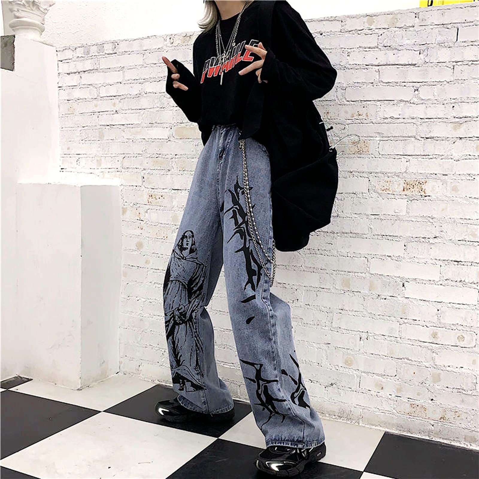 FOMOYUU High Waisted Baggy Jeans for Women - Y2K Streetwear Fashion with Print Design | Perfect for Teen Girls & Casual Outfits | Great for Parties, Shopping & Everyday Wear