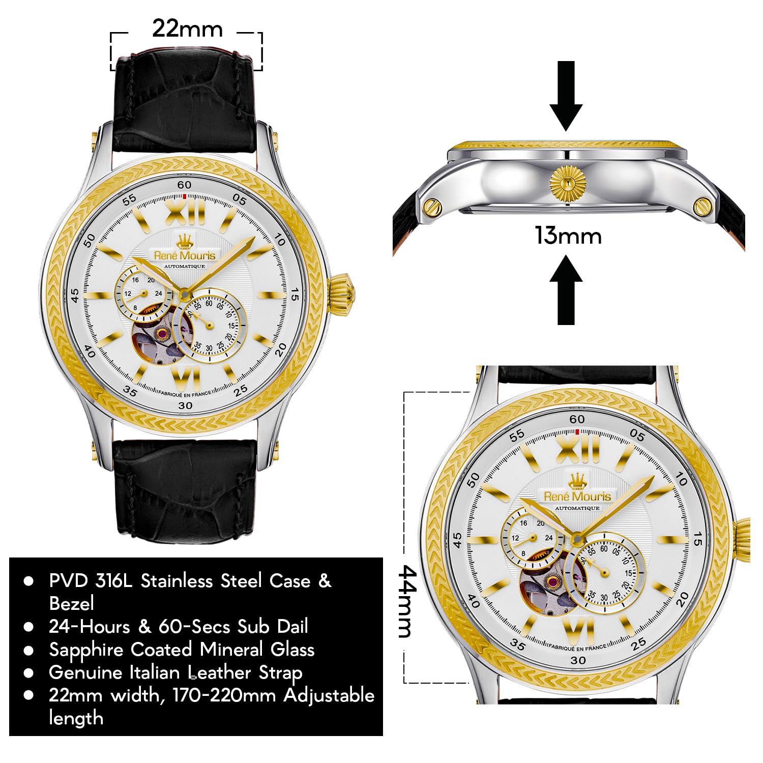 René Mouris Men's Automatic Watch - 44mm Stainless Steel Semi-Skeleton Design, Sapphire Coated Mineral Crystal, 100M Waterproof with Leather Strap - Perfect for Business, Casual Wear & Outdoor Activities