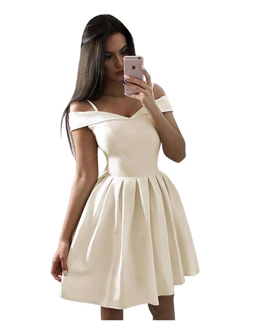 Xijun Women's Cold Shoulder Short Satin Homecoming Dress 2022 | A-Line Formal Prom Party Dress with Pockets | Perfect for Juniors, Evening Parties, Dances & Special Occasions