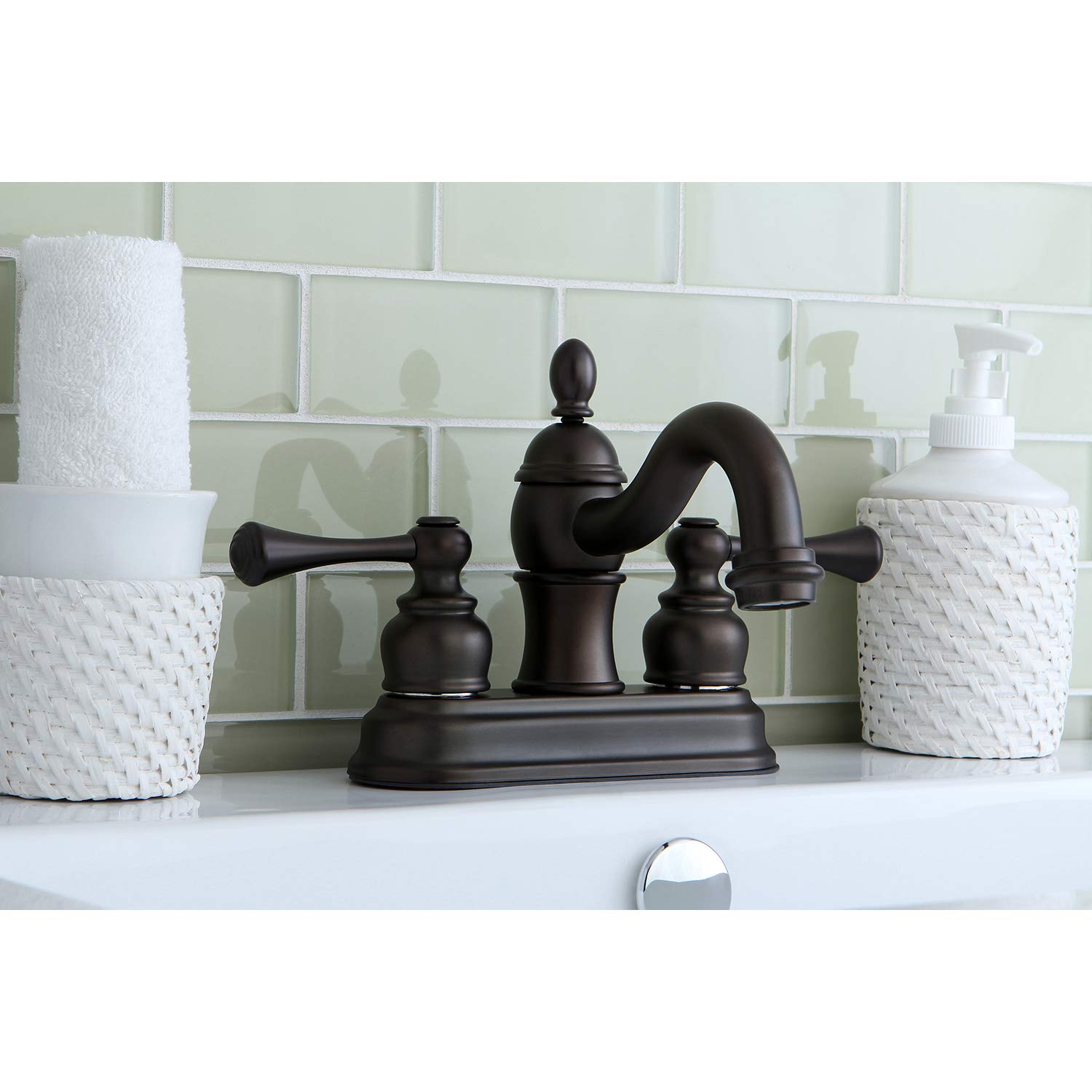 Kingston Brass KB3905BL Vintage Centerset Bathroom Sink Faucet with Pop-Up Drain - 4 Inch Oil Rubbed Bronze Finish - Perfect for Classic & Farmhouse Style Bathrooms