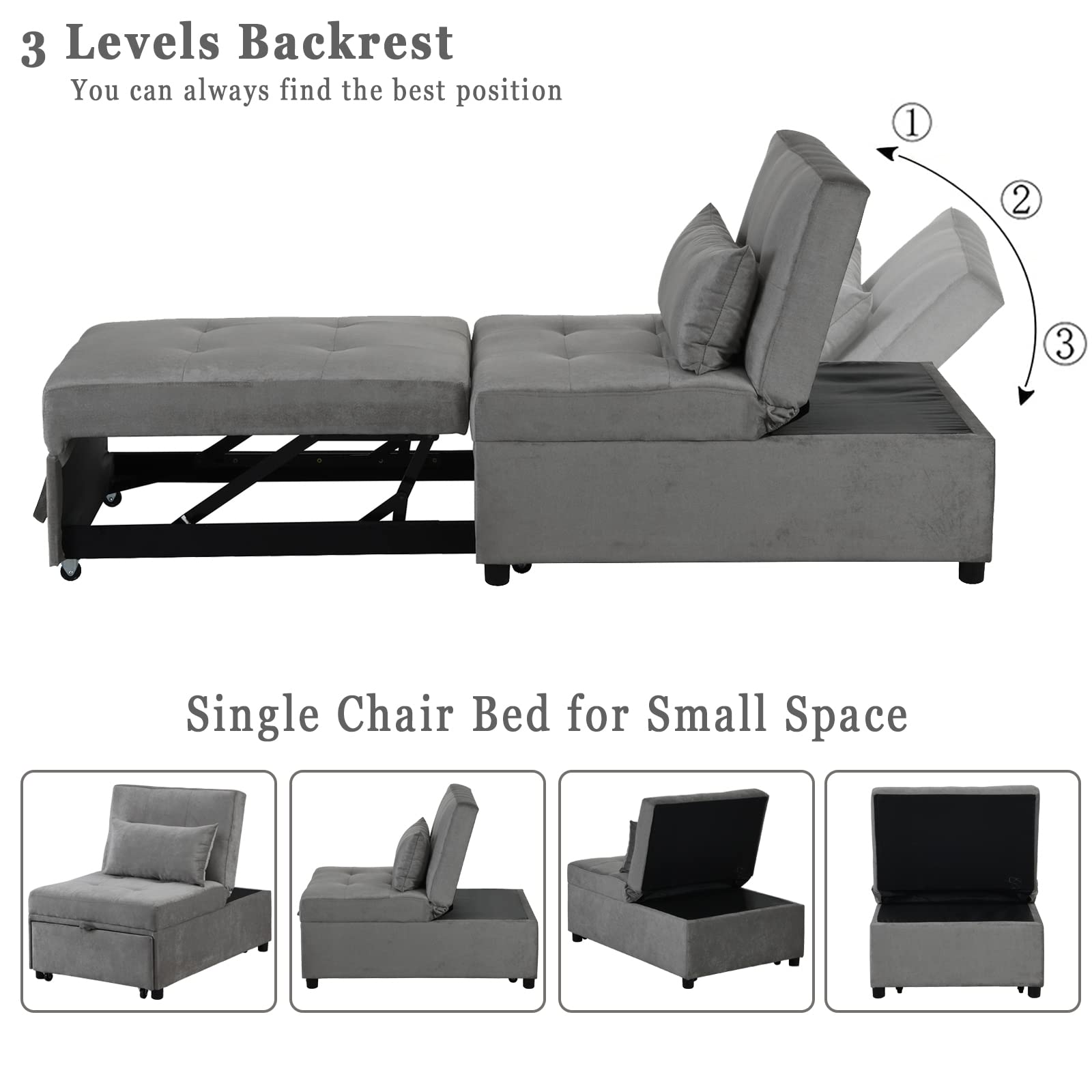 Antetek 4-in-1 Convertible Chair Bed - Multi-Functional Folding Ottoman Sofa Sleeper with Adjustable Backrest, Space Saving Guest Bed for Small Apartments, Dorms & Living Rooms | Perfect for Overnight Guests, Studio Apartments & Home Offices (Gray)
