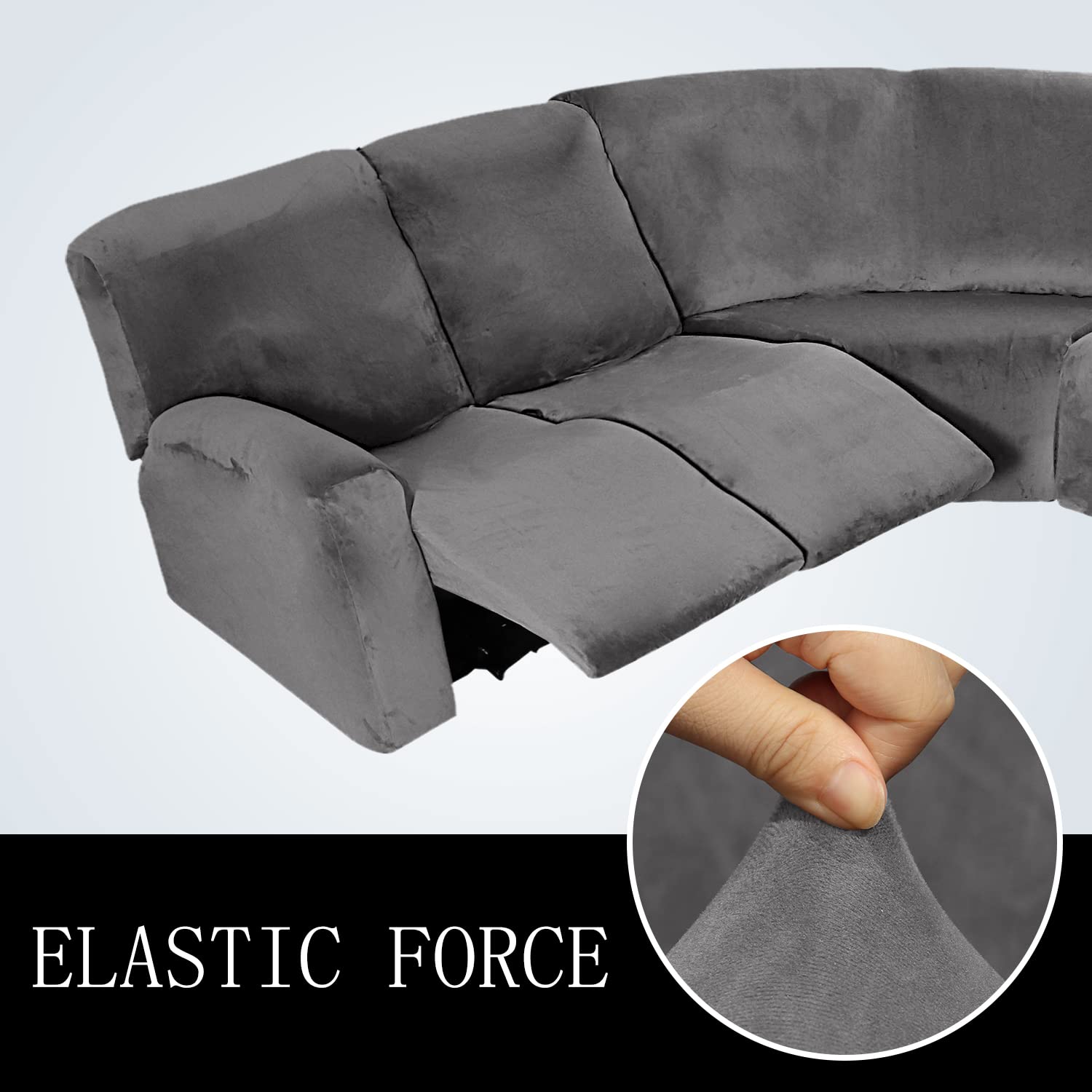 7-Piece Velvet Sectional Sofa Covers - Stretchable, Non-Slip & Washable Recliner Sofa Slipcover for L-Shaped Couches (Grey) - Perfect for Living Room, Home Theater & Family Gatherings