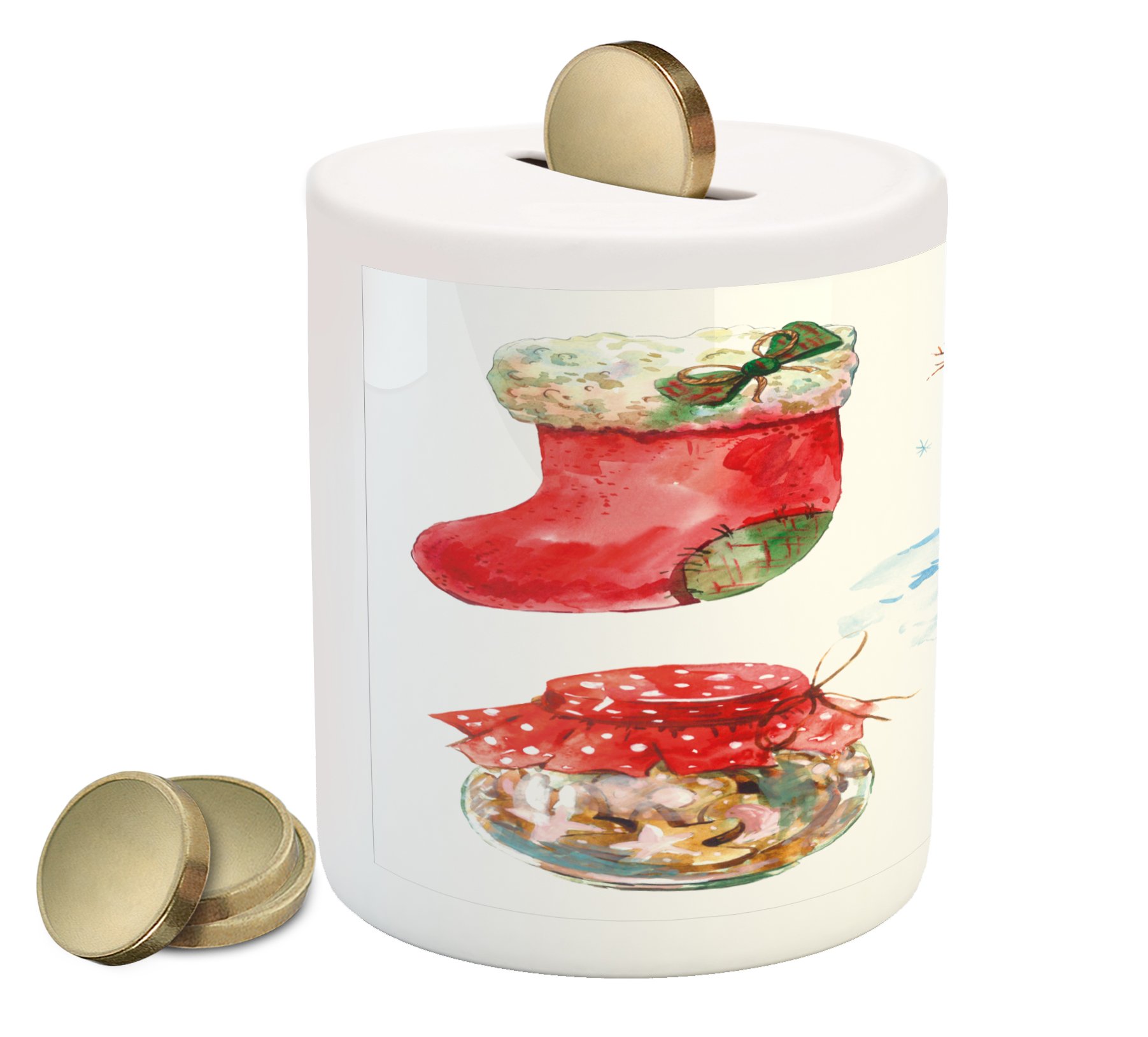 Ambesonne Christmas Piggy Bank - Watercolor Xmas Snowman with Owl & Gingerbread Cookie Design, Ceramic Coin Bank for Cash Saving (Red, Dark Orange, Pale Blue) - Perfect Holiday Gift for Kids & Adults, Great for Christmas Savings & Decoration