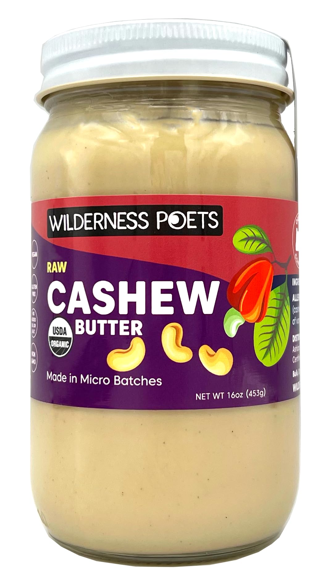 Organic Cashew Butter by Wilderness Poets - Raw, Vegan, Paleo, No Added Sugar, Gluten-Free - 16oz Jar | Perfect for Smoothies, Toast & Healthy Snacks