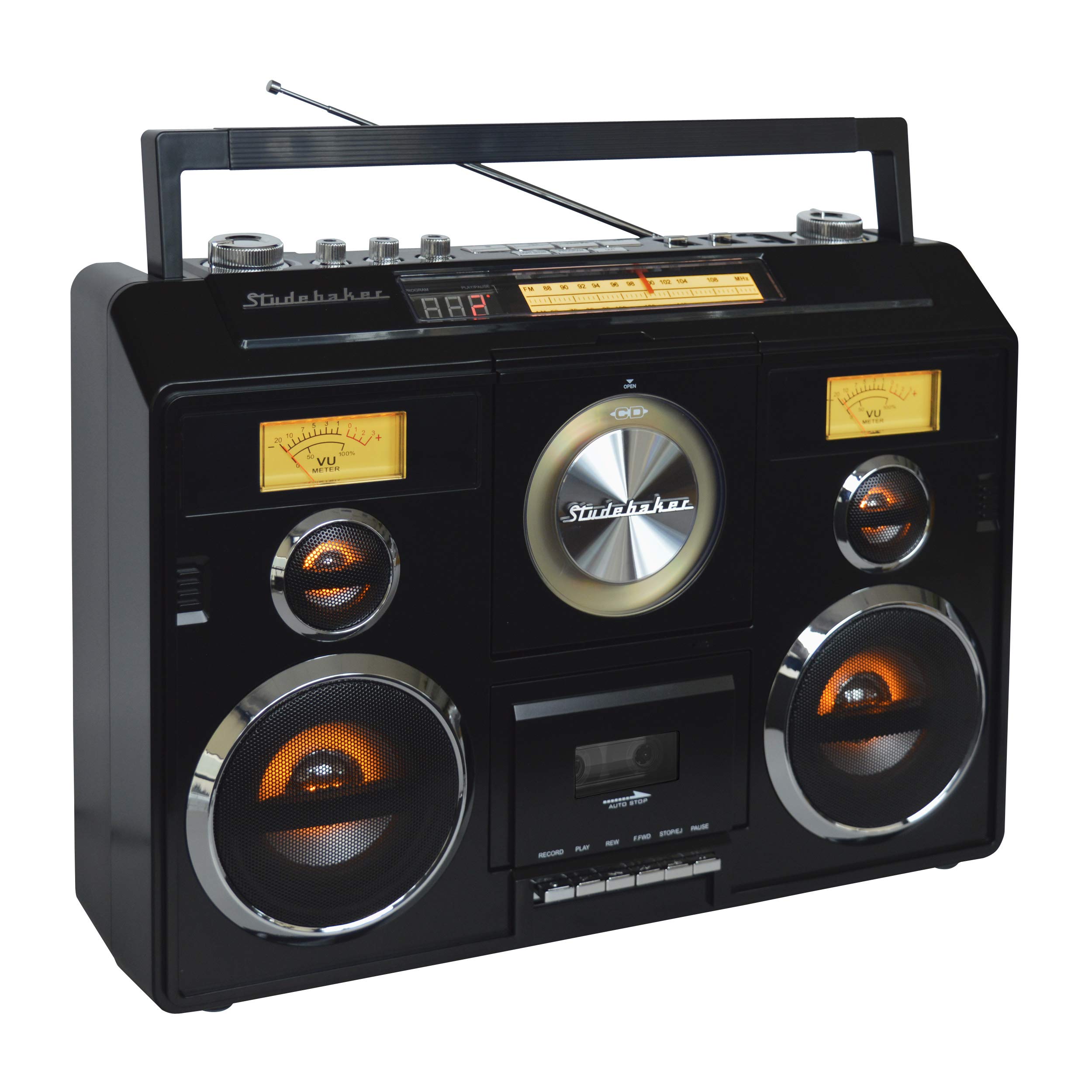 Portable Stereo Sound System with Bluetooth, CD Player, AM/FM Radio & Cassette Recorder - Black | Wireless Music Streaming for Home, Office & Outdoor Parties