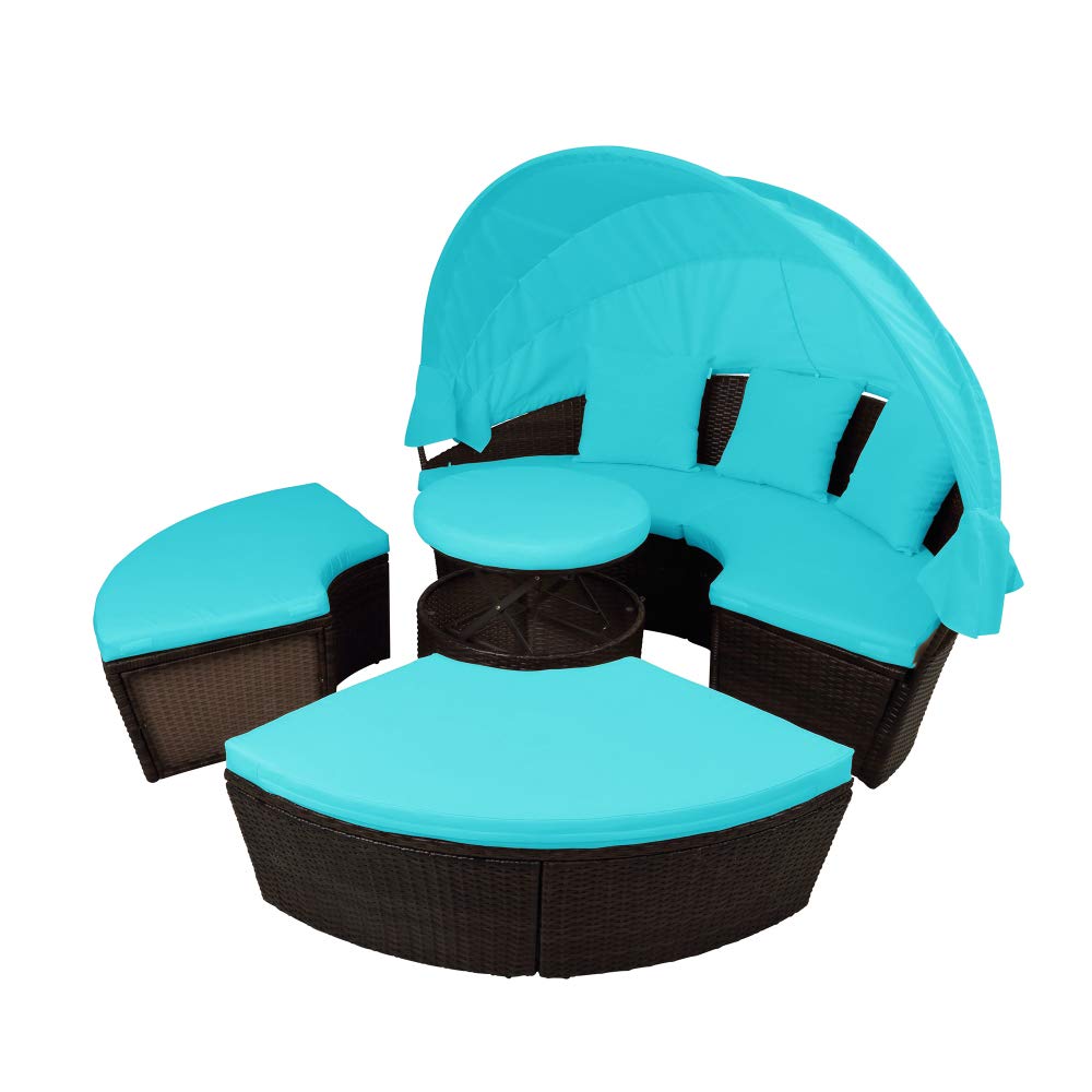 **MJcoffee Round Patio Furniture Set - Outdoor Sectional Sofa with Rattan Daybed, Sunbed & Adjustable Table - Removable Cushions & Retractable Canopy (Blue) - Perfect for Poolside, Garden, or Backyard Relaxation**