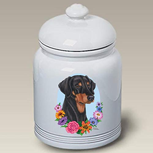 Premium Ceramic Dog Treat Jar for Dobermans - Black & Tan Uncropped Design - Perfect for Pet Treat Storage & Kitchen Countertop Decor