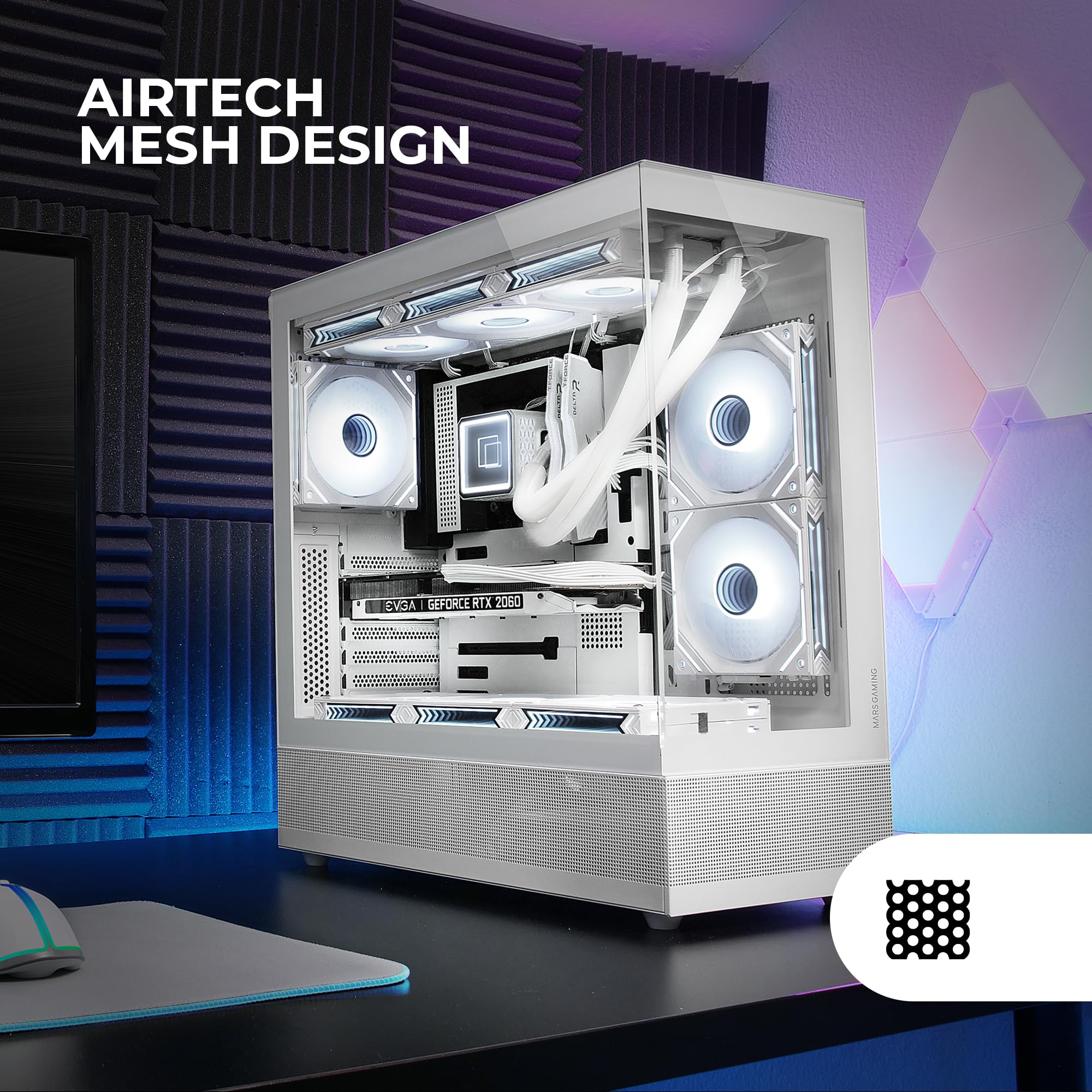 Mars Gaming MC-Set ATX PC Case - Tempered Glass Front & Side Panels, Airtech Mesh Bottom Design, Dual Chamber Gaming Mid Tower - Supports Up to 9 Fans - White - Perfect for High-Performance Gaming PCs & Streaming Setups