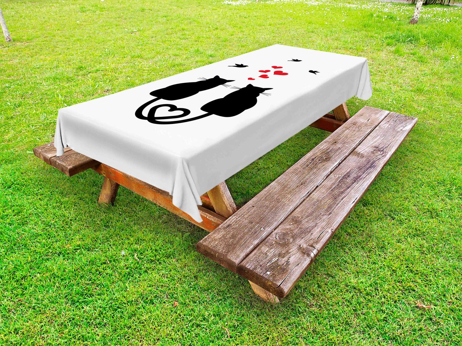 Ambesonne Romantic Valentine's Day Tablecloth - Cats, Hearts & Birds Silhouette Design, Washable Picnic Table Cover 58x84 Inches, Red Black White - Perfect for Outdoor Dining, Picnics & Date Nights