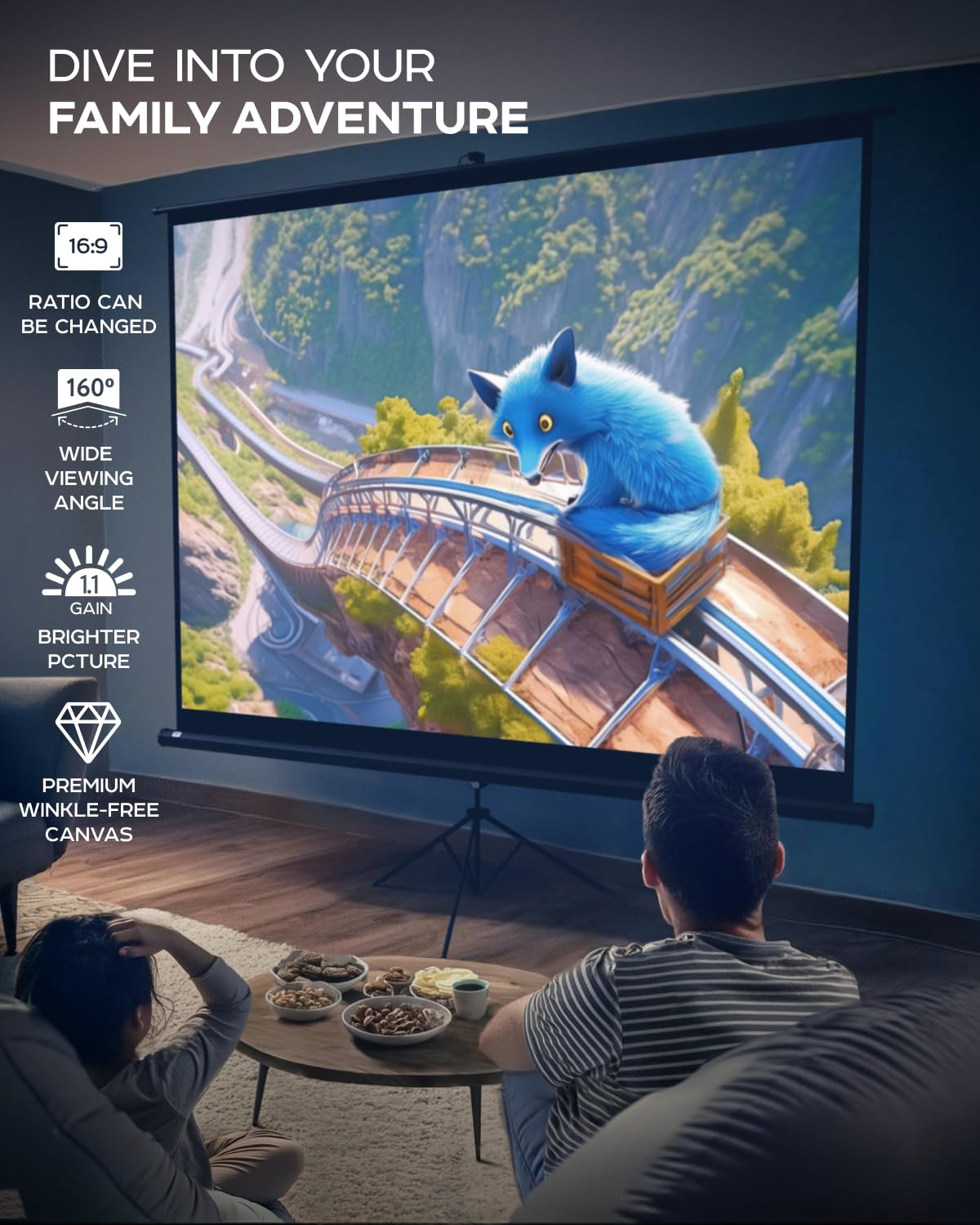 120 Inch Projector Screen with Stand - HD 4:3 Wrinkle-Free Tripod Projection Screen for Indoor & Outdoor Movies, Presentations, and Home Theater Use