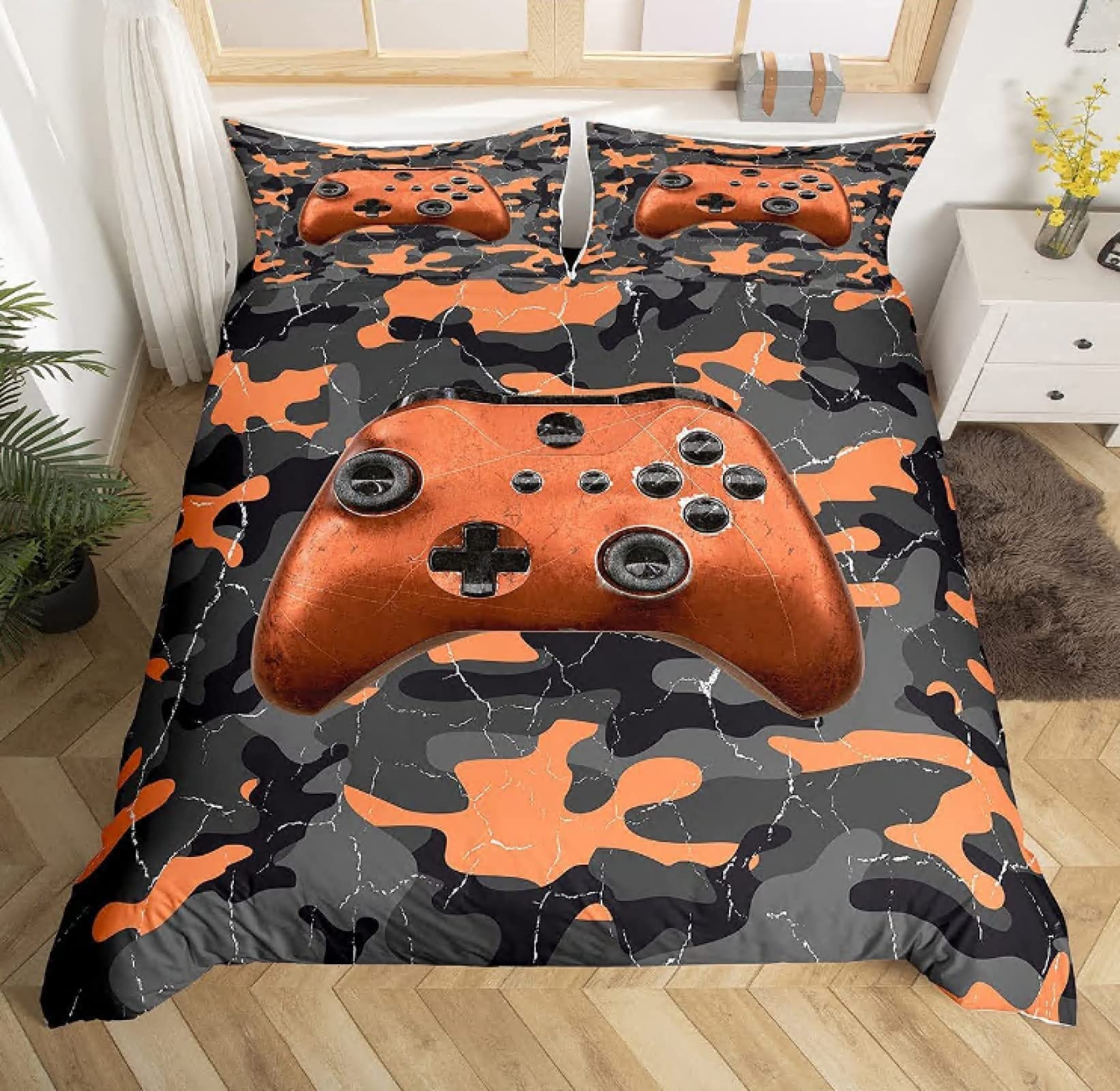 Camouflage Gaming Bedding Set Full Size - 3 Piece Gamer Comforter Cover Set with Pillowcases (210x210cm) for Boys & Teens - Red & White Camo Design - Perfect for Gaming Rooms, Bedroom Decor & Sleepovers
