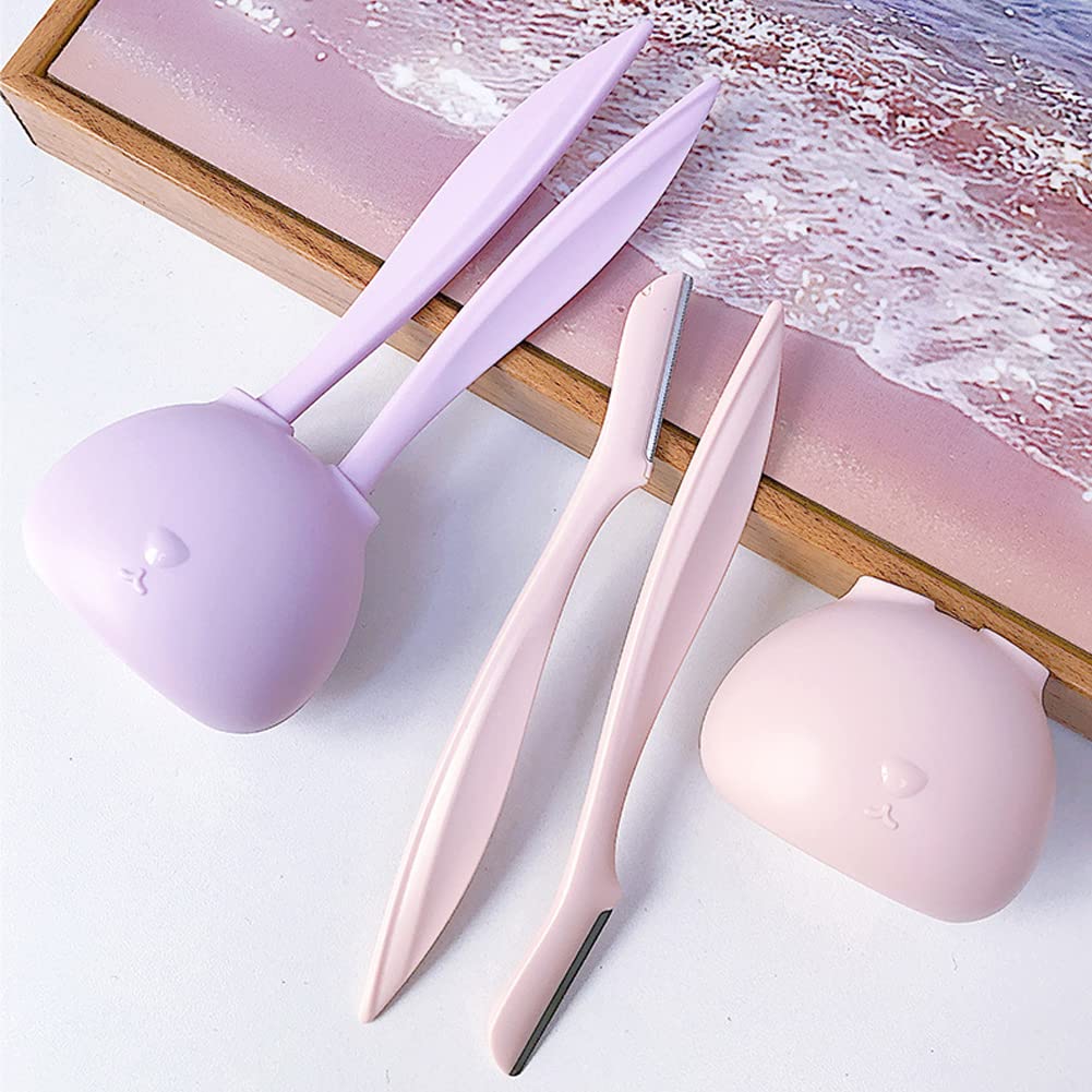 Eyebrow Razors for Women - 2 Pack Cute Rabbit Ear Facial Hair Trimmer with Dustproof Holder | Painless Dry Use | Perfect for Eyebrow Shaping & Facial Hair Removal at Home (Pink)