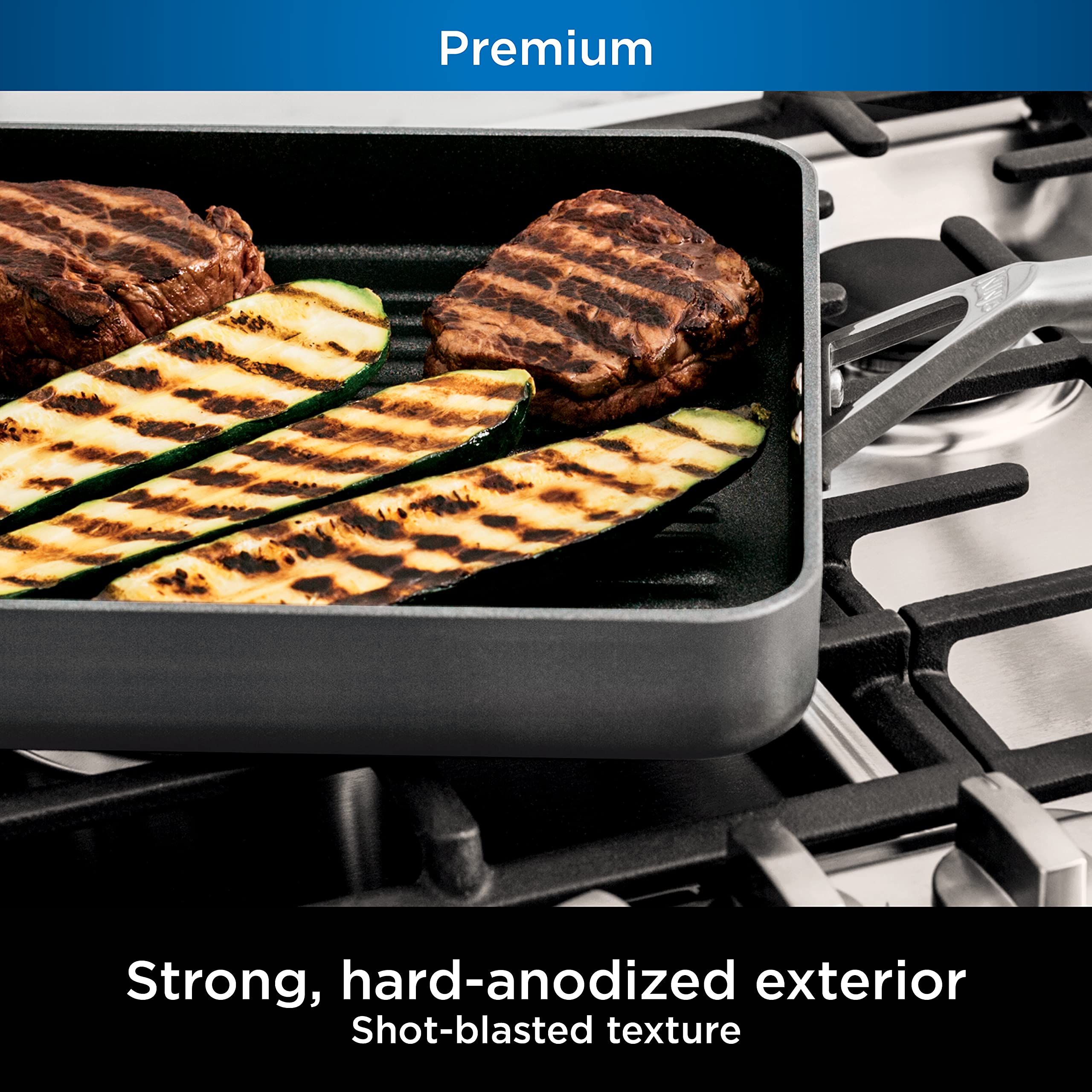Ninja C30528 Foodi NeverStick Premium 11-Inch Square Grill Pan - Hard-Anodized, Nonstick Cookware, Oven Safe to 500°F, Durable Slate Grey - Perfect for Grilling Steaks, Burgers, and Vegetables Indoor or Outdoor Cooking