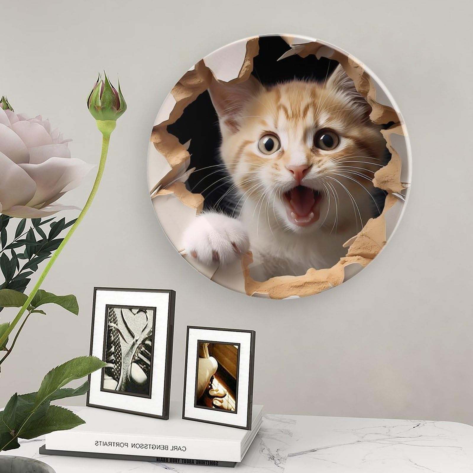 Cat in The Hole Ceramic Decorative Plates - Elegant Display Ornaments & Dinner Plates with Stand for Kitchen & Home Decor - Perfect for Dining, Gift Giving, and Wall Display