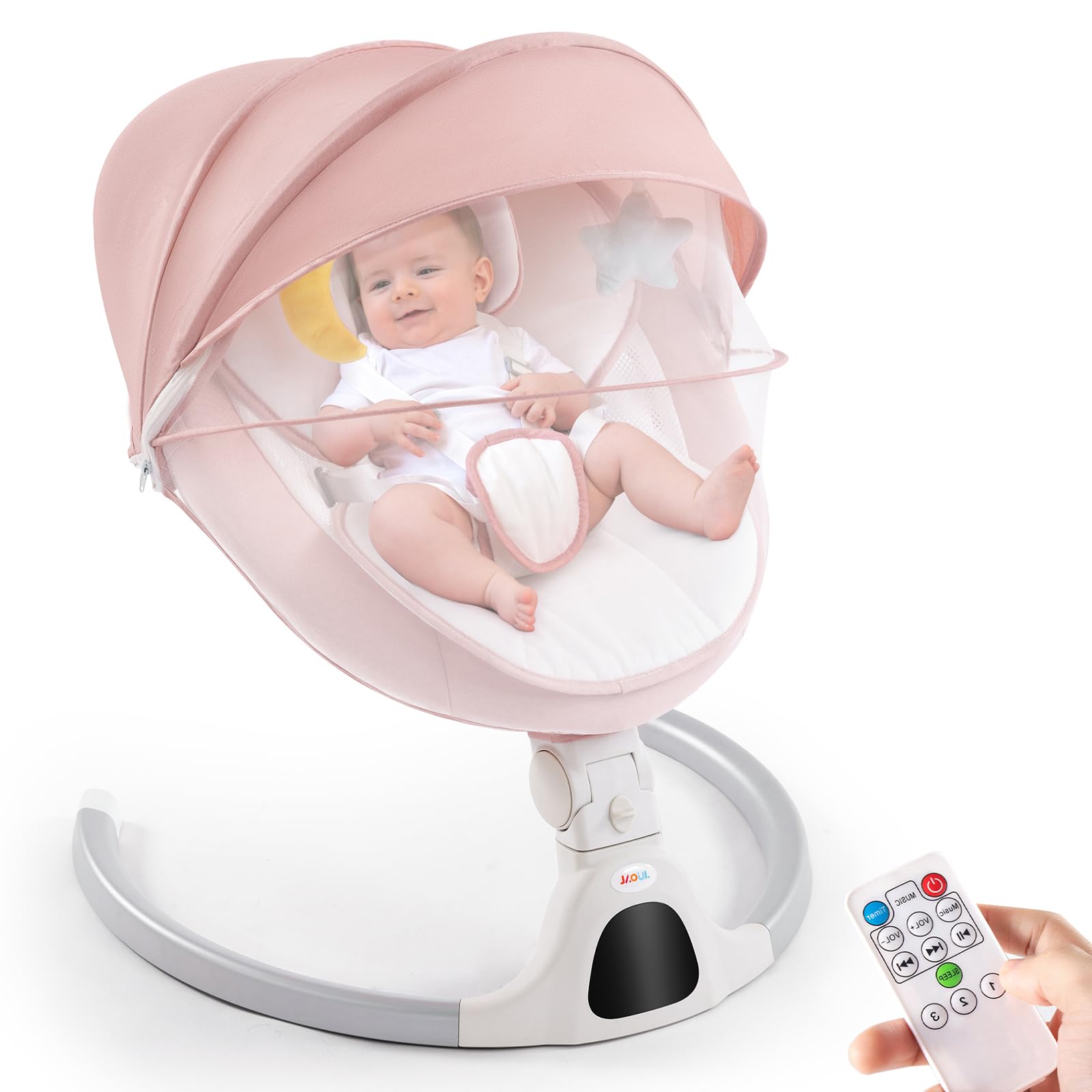 Jaoul Electric Baby Swing for Infants & Newborns - Portable Bluetooth Baby Bouncer with Touch Screen, Remote Control, 5 Speed Settings & 3 Seat Positions - Perfect for Nursery, Travel & Soothing Baby Boys & Girls (Pink)