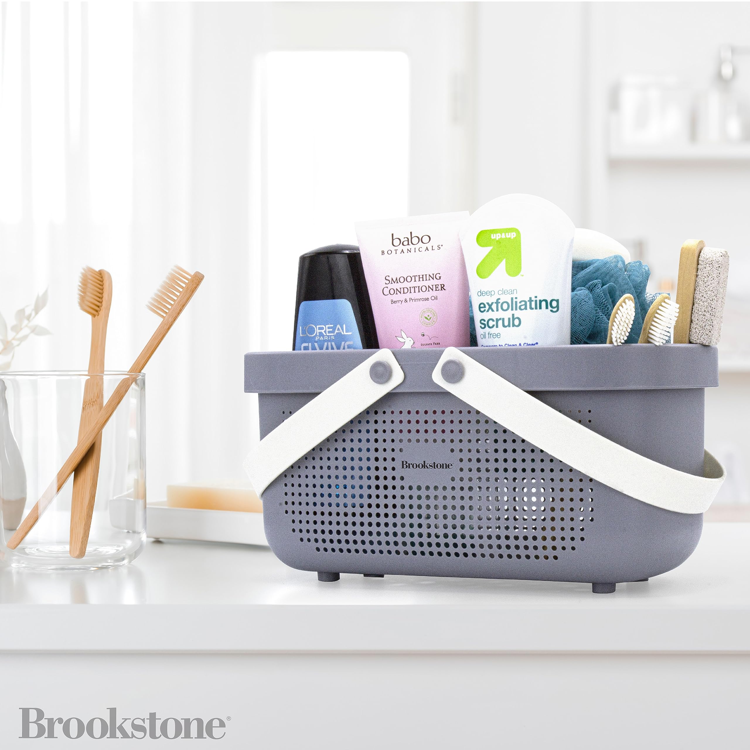 Brookstone BKH1633 Large Portable Shower Caddy - BPA Free Bathroom Organizer with Soft Silicone Handle, Quick-Dry Plastic Bath Tote Basket with Drainage Holes - Perfect for Shower, Bath, and Travel Storage (Gray)