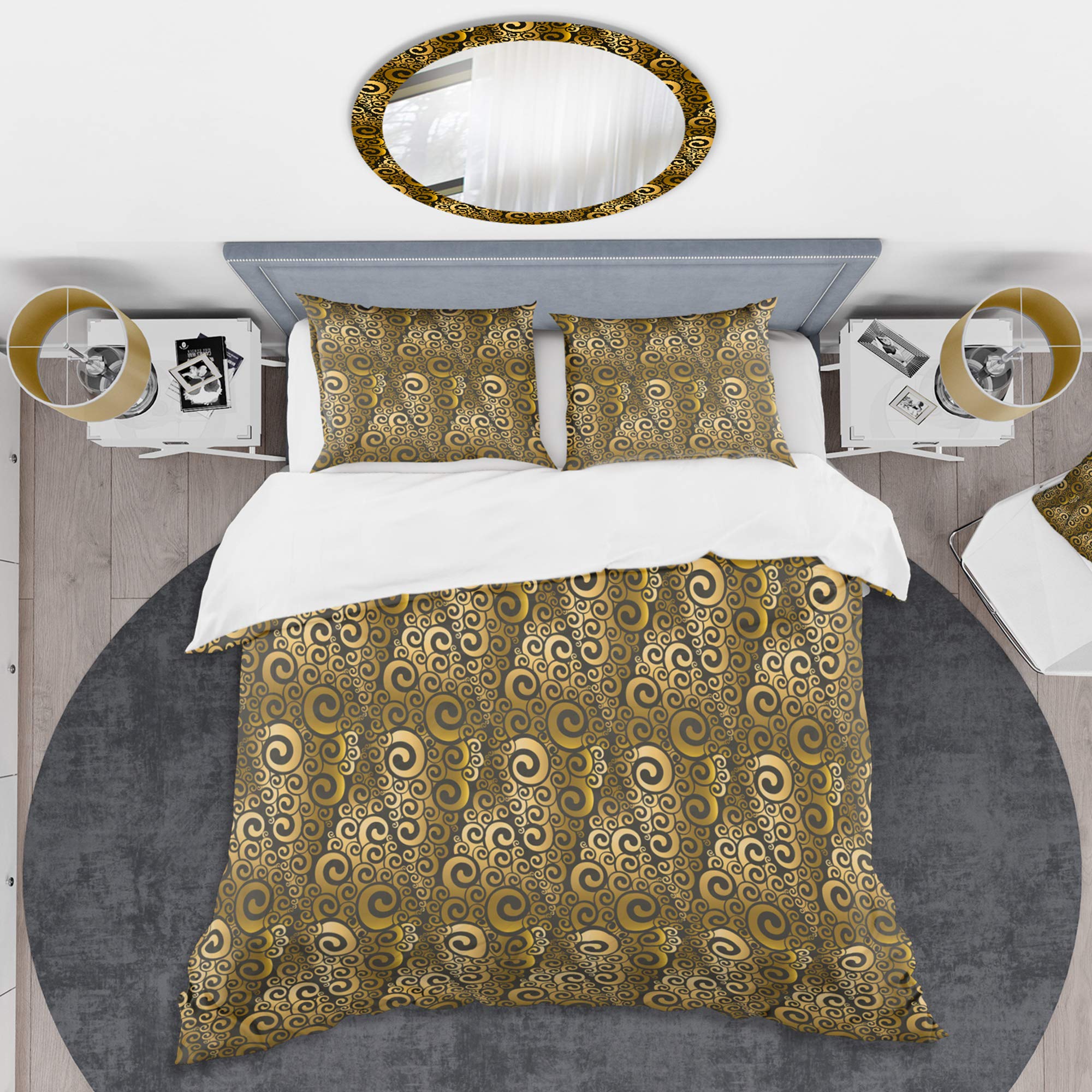 Mid-Century Modern Gold and Black Swirl Duvet Cover Set King - 3 Piece All Season Bedding Set | Luxury Bedroom Decor for Master & Guest Rooms