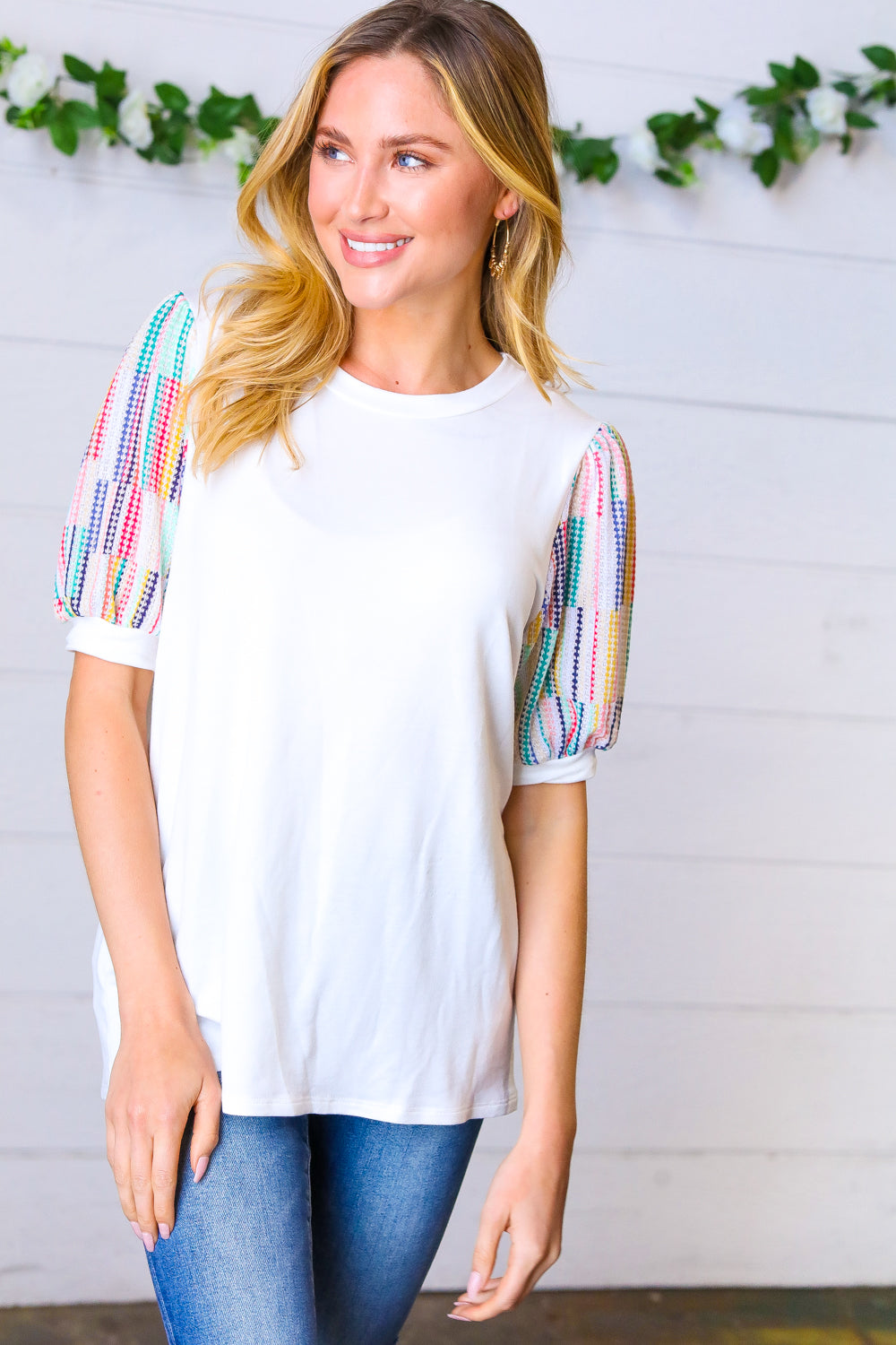 Ivory & Multicolor Vertical Stripe Puff Sleeve Blouse - Women's Fashion Tops for Casual Wear, Office & Date Night Outfits