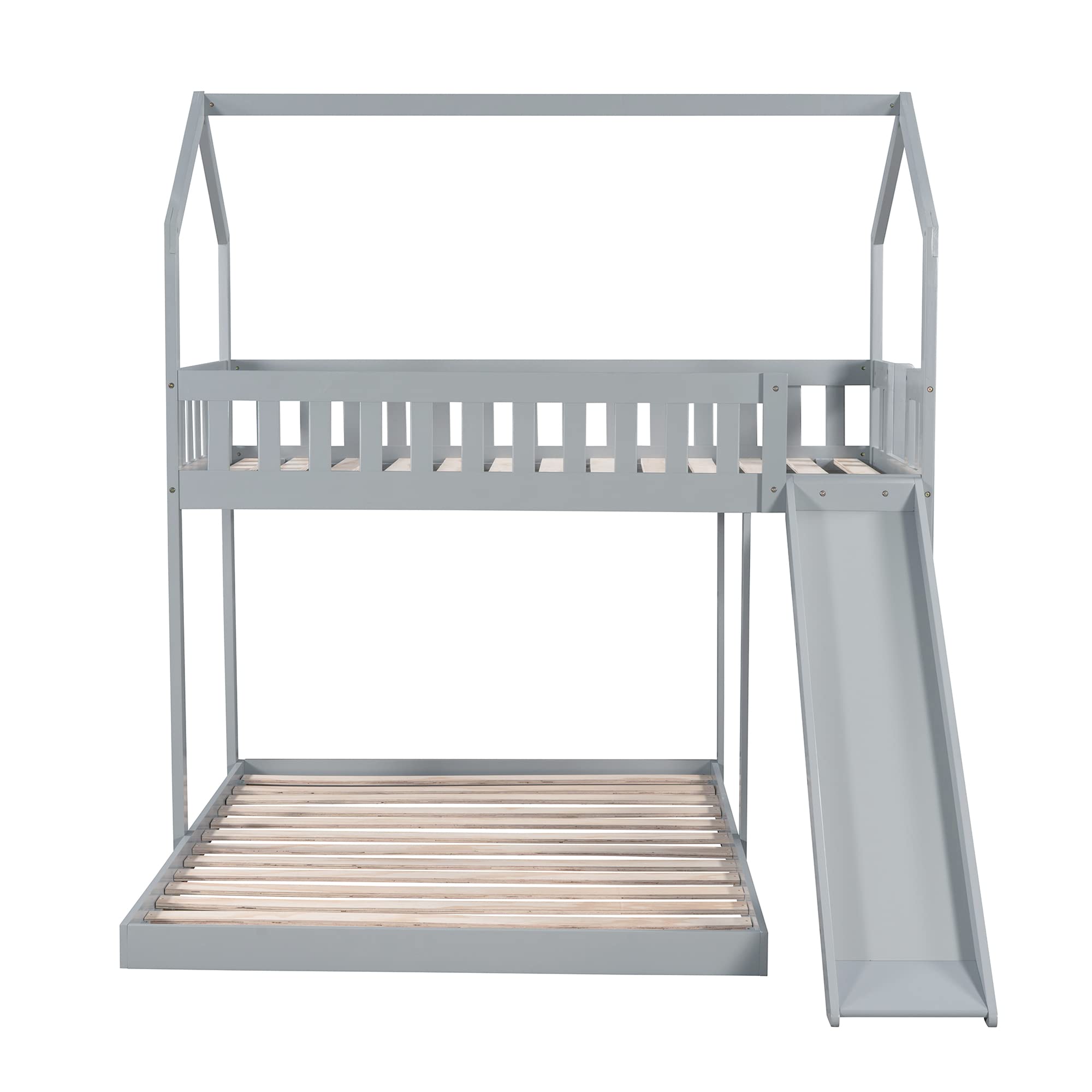 LZ LEISURE ZONE Twin Over Full Bunk Bed with Slide - Sturdy House Bunk Bed Frame with Built-in Ladder & Full-Length Guardrail - Perfect for Kids, Teens & Adults - Space-Saving Grey Loft Bed for Small Rooms, Dorms & Shared Kids' Bedrooms