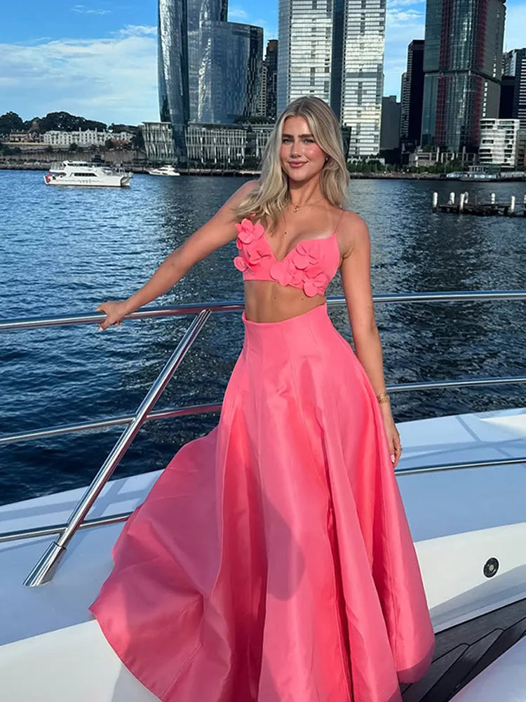 2025 Women's Chic 3D Pink Flower Applique Cropped Top & High Waist Long Skirt 2-Piece Set | Sexy Vacation Beach Outfit | Summer Party, Date Night, Tropical Getaway