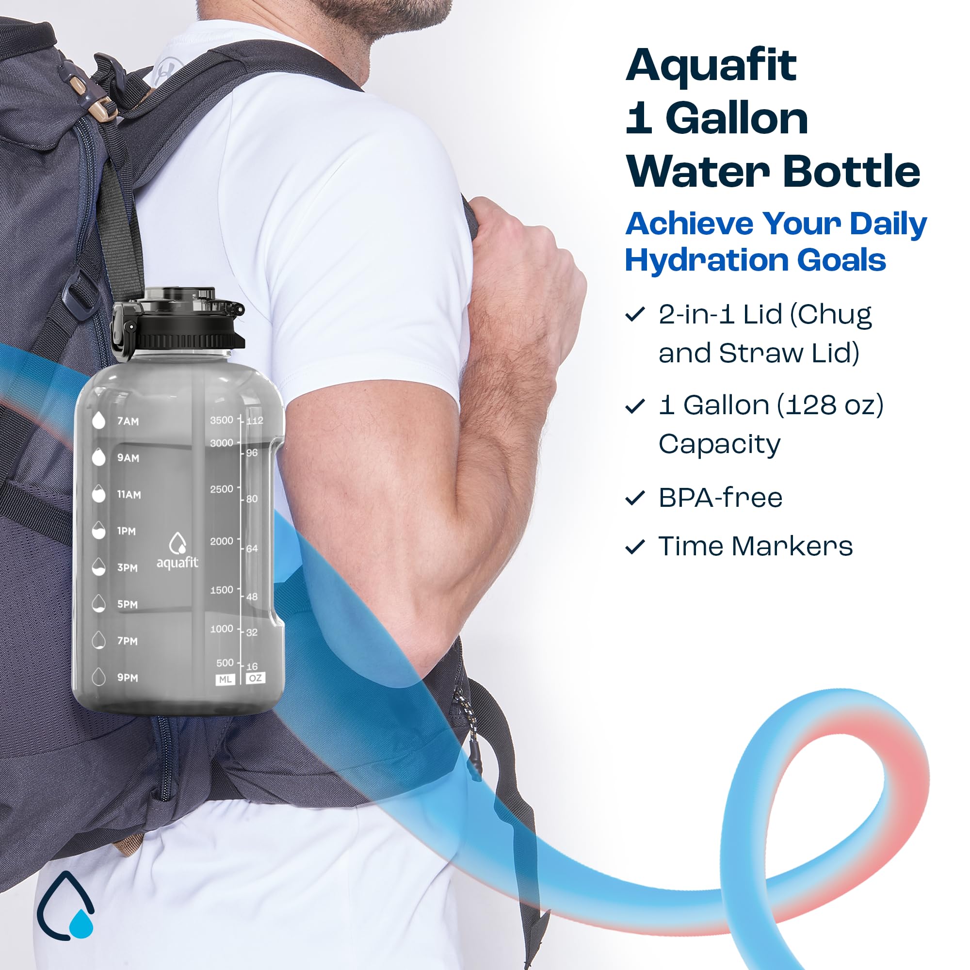 AQUAFIT 1 Gallon Water Bottle with Time Marker - 128oz BPA Free Large Water Jug with 2-in-1 Straw & Chug Lid, Handle for Gym, Workout & Outdoor Activities - Motivational Water Bottle for Hydration Tracking (Gray)