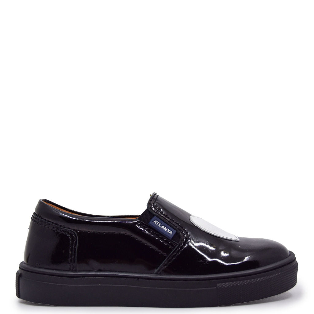 Black and White Patent Heart Sneakers - Atlanta Moccasin Style Casual Shoes for Women | Comfortable Walking & Fashion Streetwear