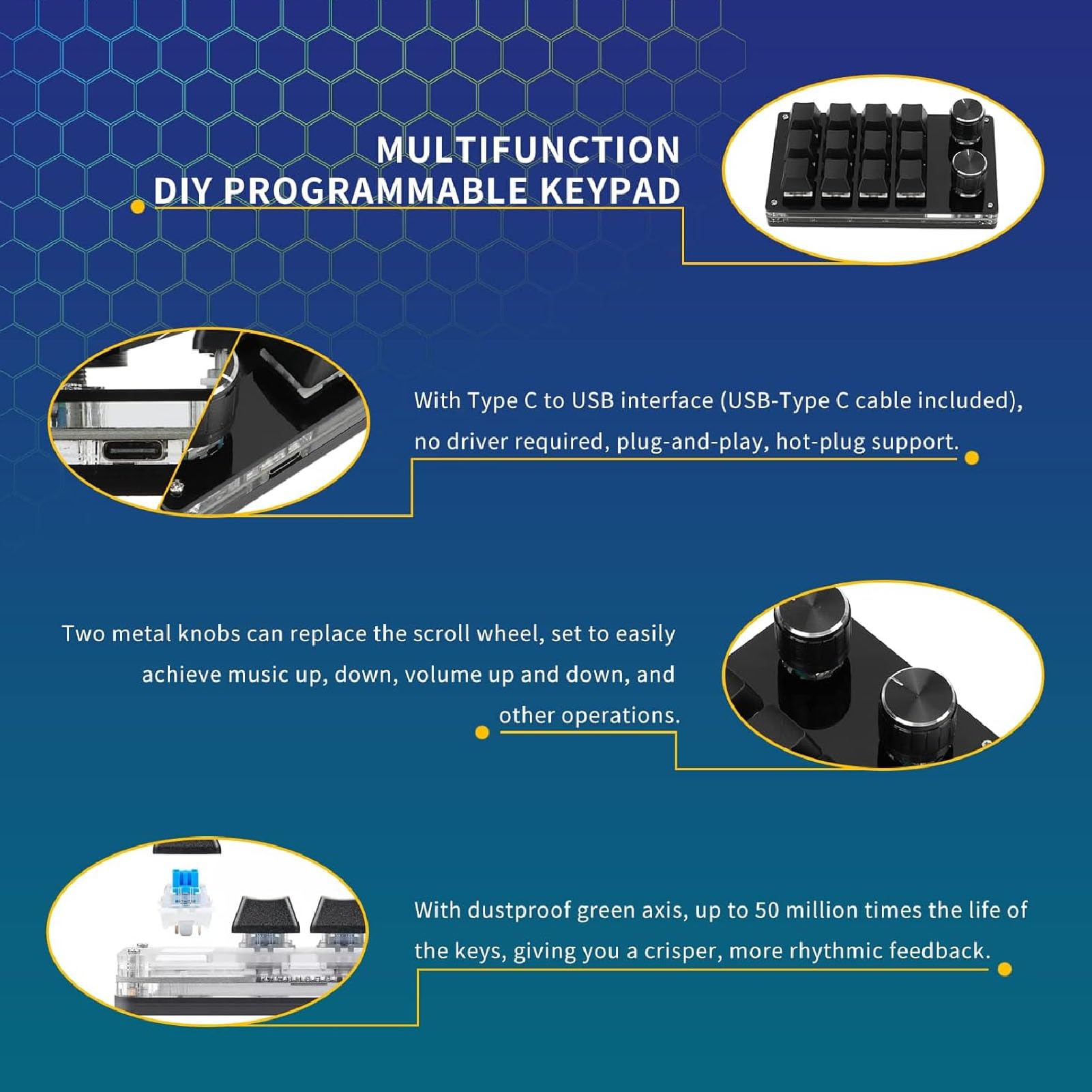 DEWIN 12-Key Macro Mechanical Gaming Keyboard with Red Switches - Programmable Wired Keyboard for PC, Windows, Linux & Mac OS X - Perfect for Gaming, Coding & Live Streaming