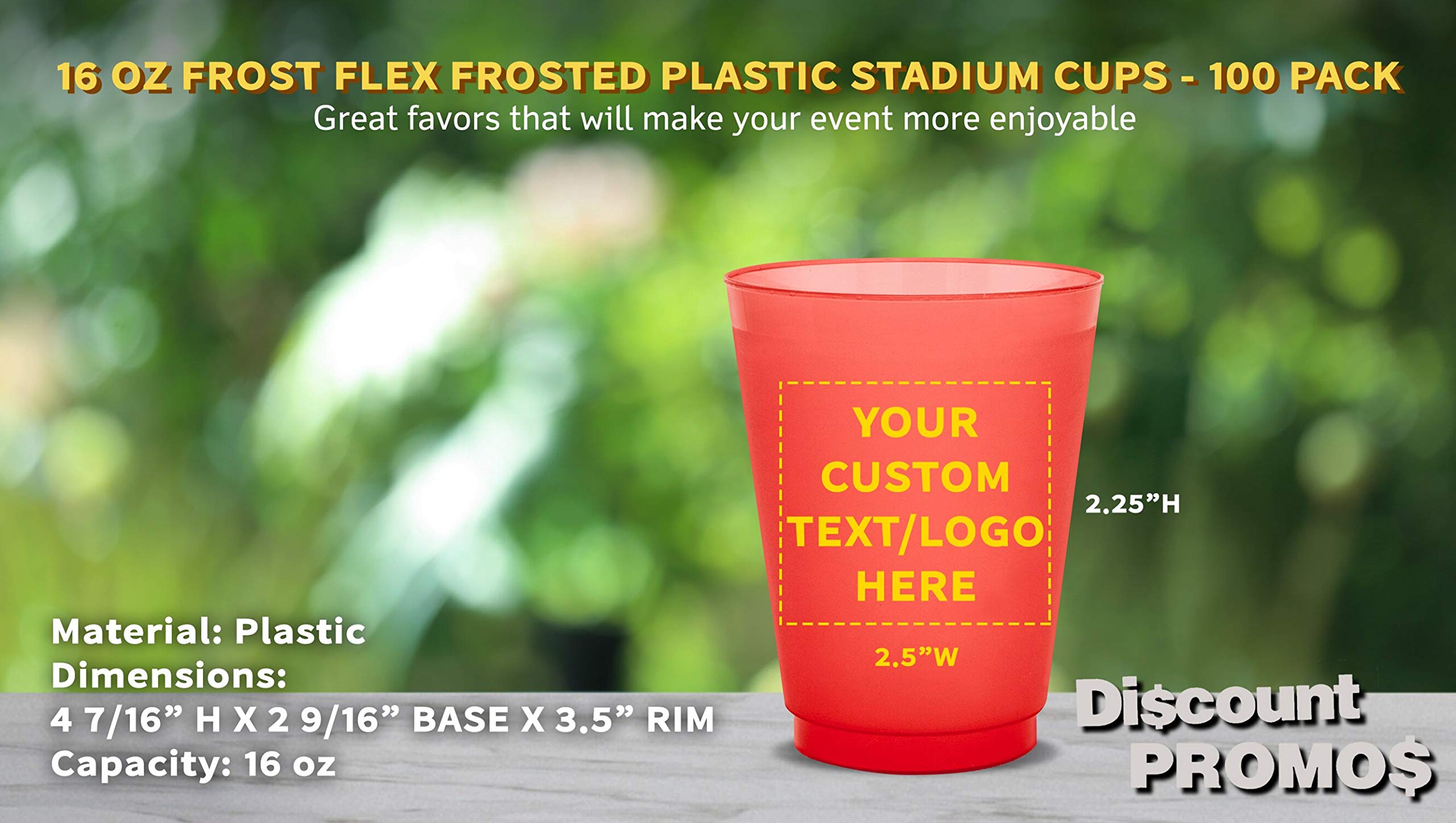 Custom Printed 16 oz Frosted Plastic Stadium Cups - 100 Pack with Promotional Text & Logo - Shatterproof, Flexible, Reusable Party Cups for Sports Events, Tailgating, BBQs & Outdoor Gatherings - Red