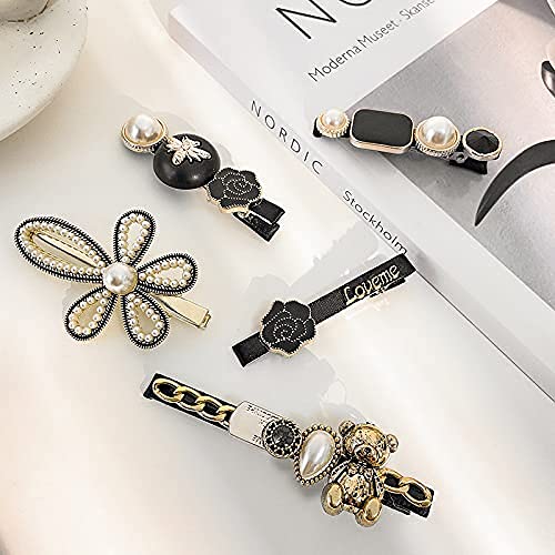 QURAX 5Pcs Black Hair Clips with Elegant Pearl - Women's Hair Accessories for Styling, Retro Bear Hair Pins for Girls - Perfect for Weddings, Parties & Everyday Use