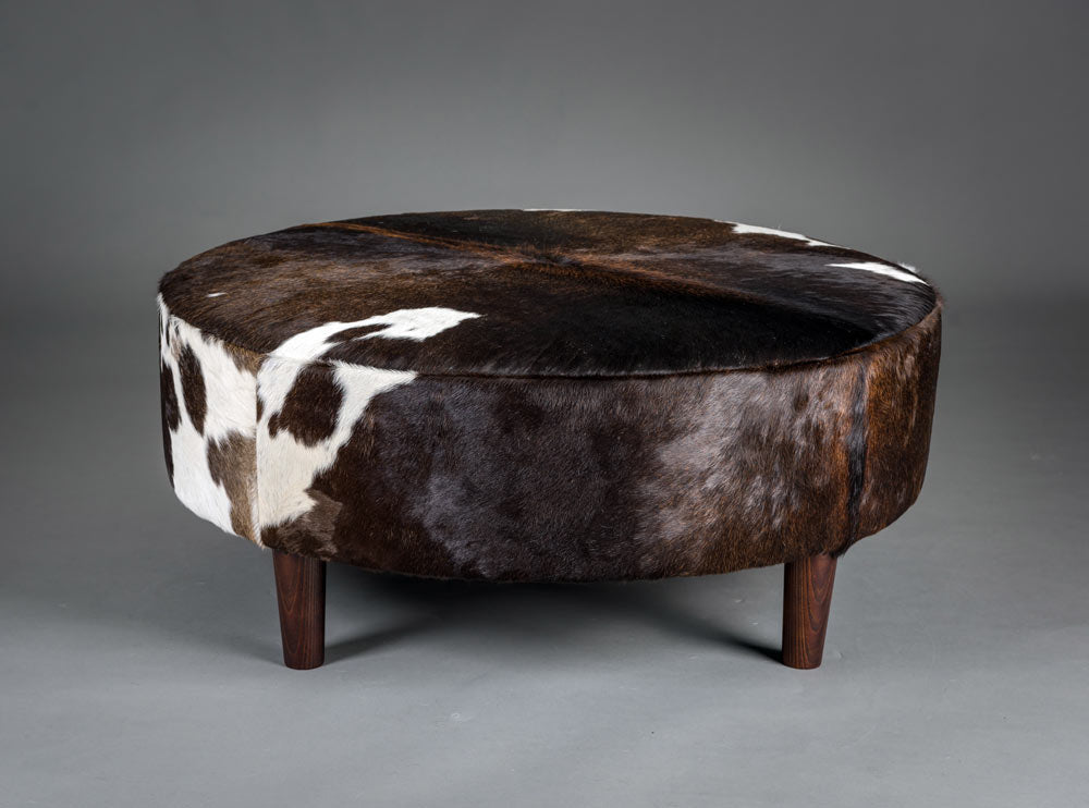 Premium Cowhide Ottoman with Round Wooden Legs - 95x95x40cm - Stylish Footstool & Extra Seating for Living Room, Bedroom or Office