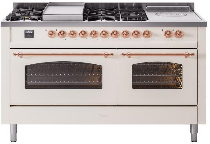 ILVE Nostalgie II 60-Inch Dual Fuel Natural Gas Range with Copper Trim - Antique White Finish (UP60FSNMPAWP) | Professional Kitchen Appliance for Home Chefs & Gourmet Cooking