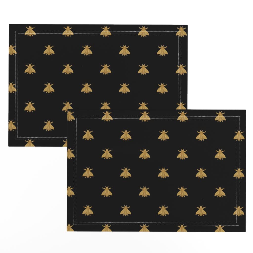 Premium Linen Cotton Canvas Placemats Set of 2 - Black & Gold Honeybee Print for Modern Dining Table Decor | Bees & Floral Design | Washable & Durable for Everyday Use or Special Occasions