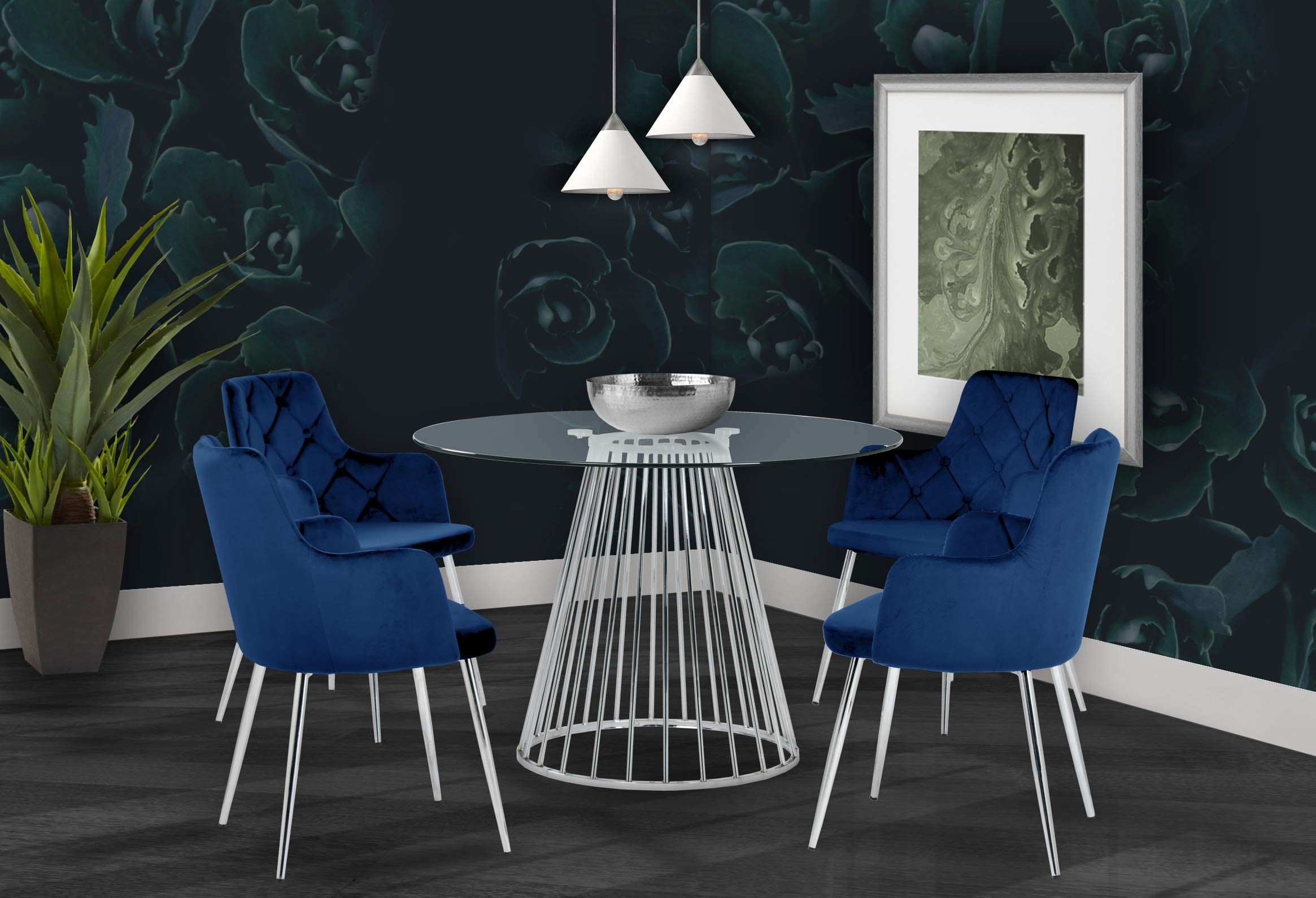 Meridian Furniture Gio Collection Modern Glass Top Dining Table - Tempered Clear Glass with Wired Design & Polished Chrome Metal Base | Contemporary Dining Room Table for Kitchen, Breakfast Nook, Small Space | Durable & Stylish