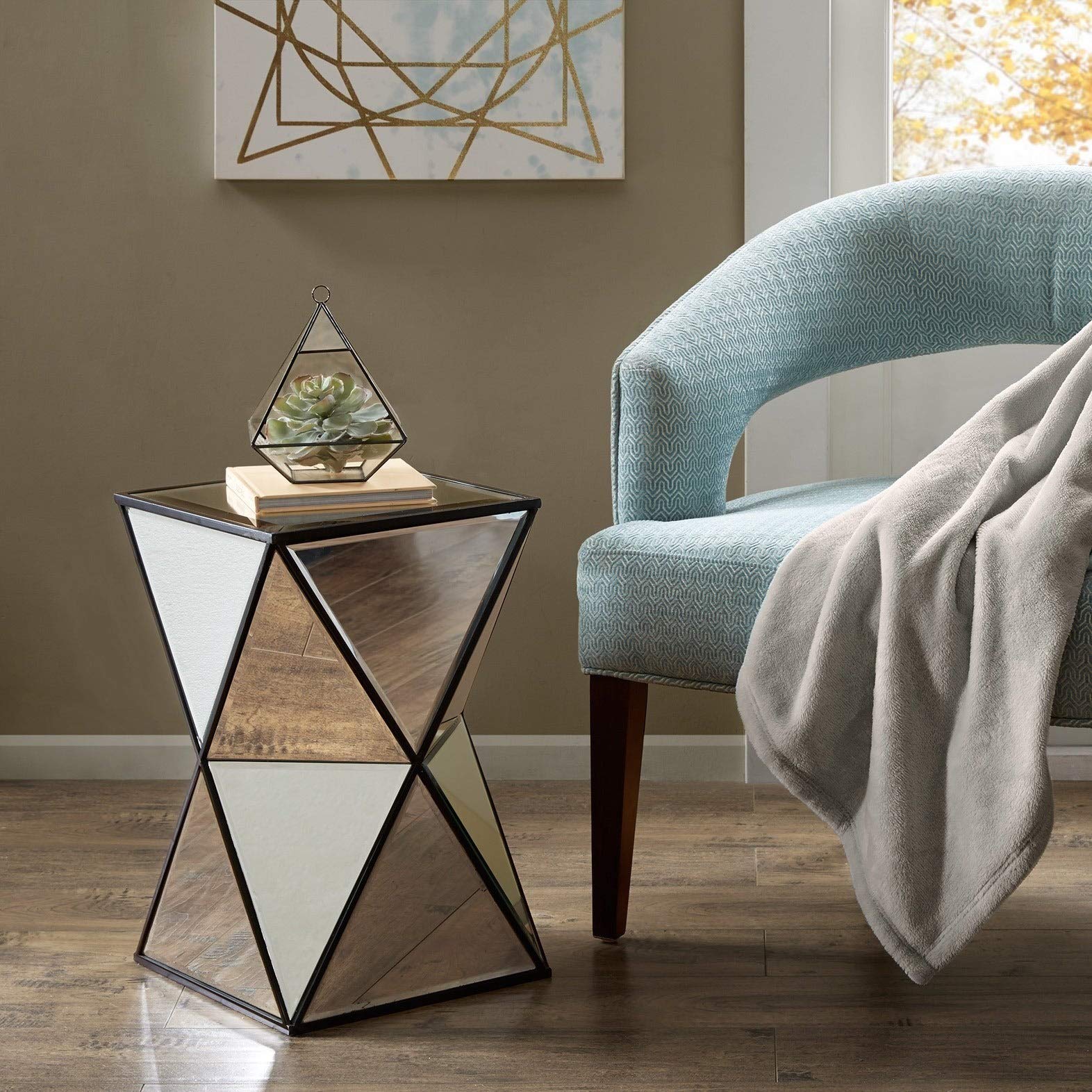 Modern Silver Angular Mirror Accent Table - Contemporary Glass & Metal Finish Side Table for Living Room, Bedroom, or Entryway Decor